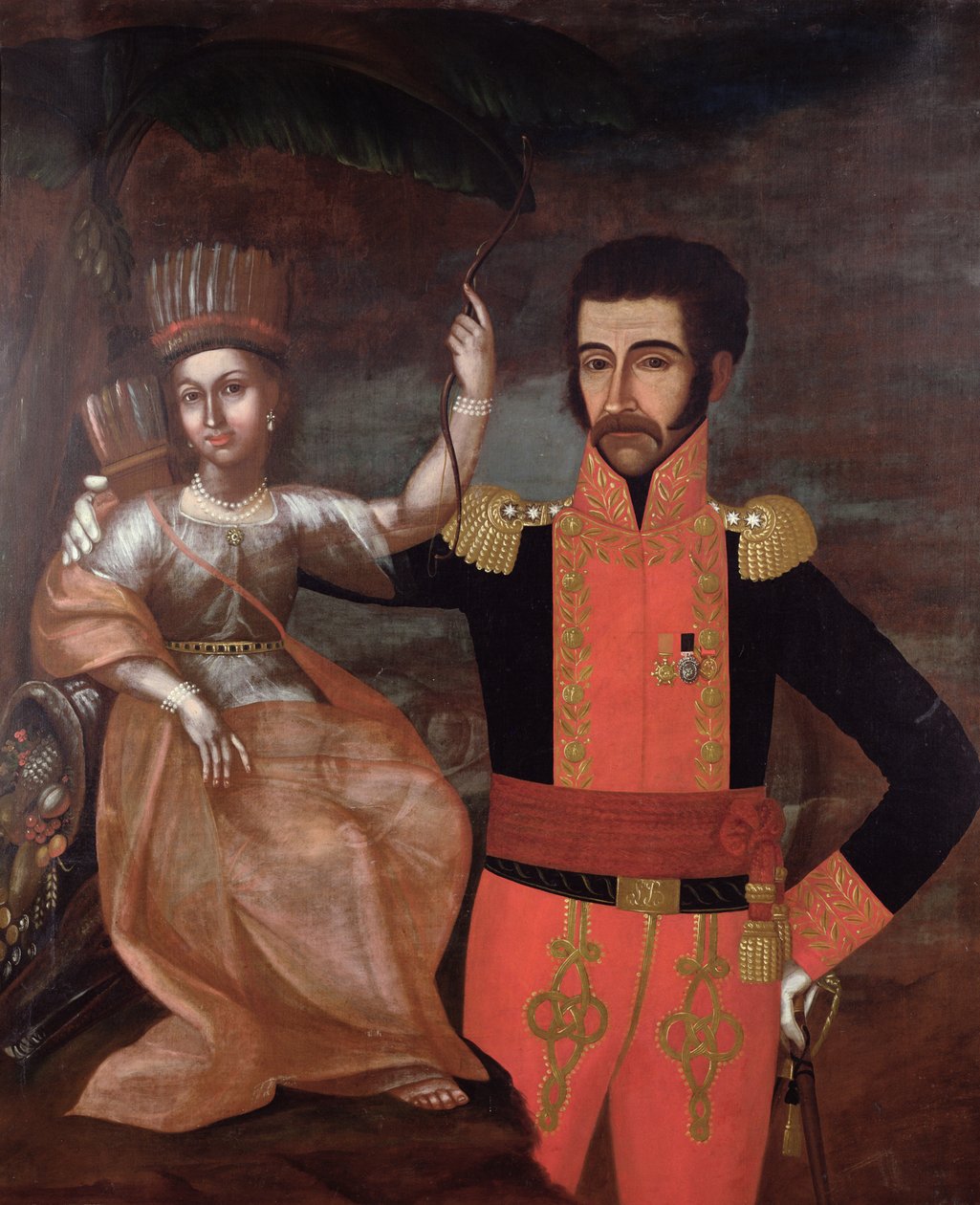 Simon Bolivar (1783-1830) e uma mulher nativa americana de Spanish School