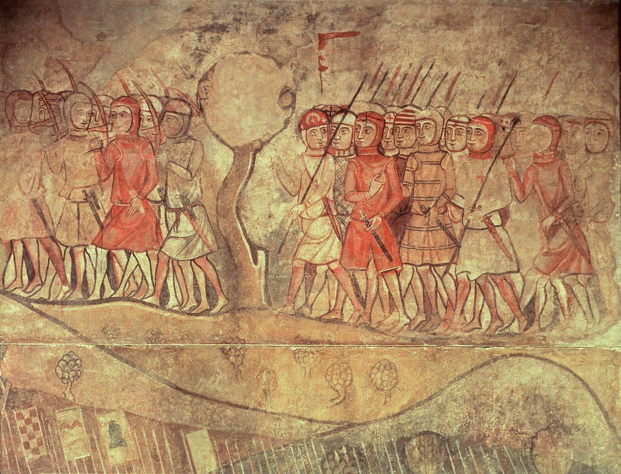 Soldados do exército do rei James I (1208-76) um grupo de soldados de infantaria com arcos e lanças, detalhe de um mural do antigo Palácio Reale, Barcelona (pintura mural) de Spanish School