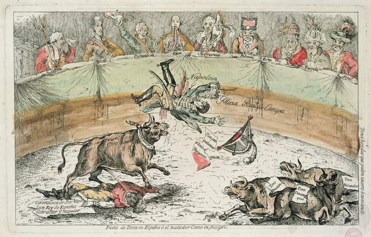 Touro espanhol, caricatura de Joseph Bonaparte, rei da Espanha, 1809 de Spanish School