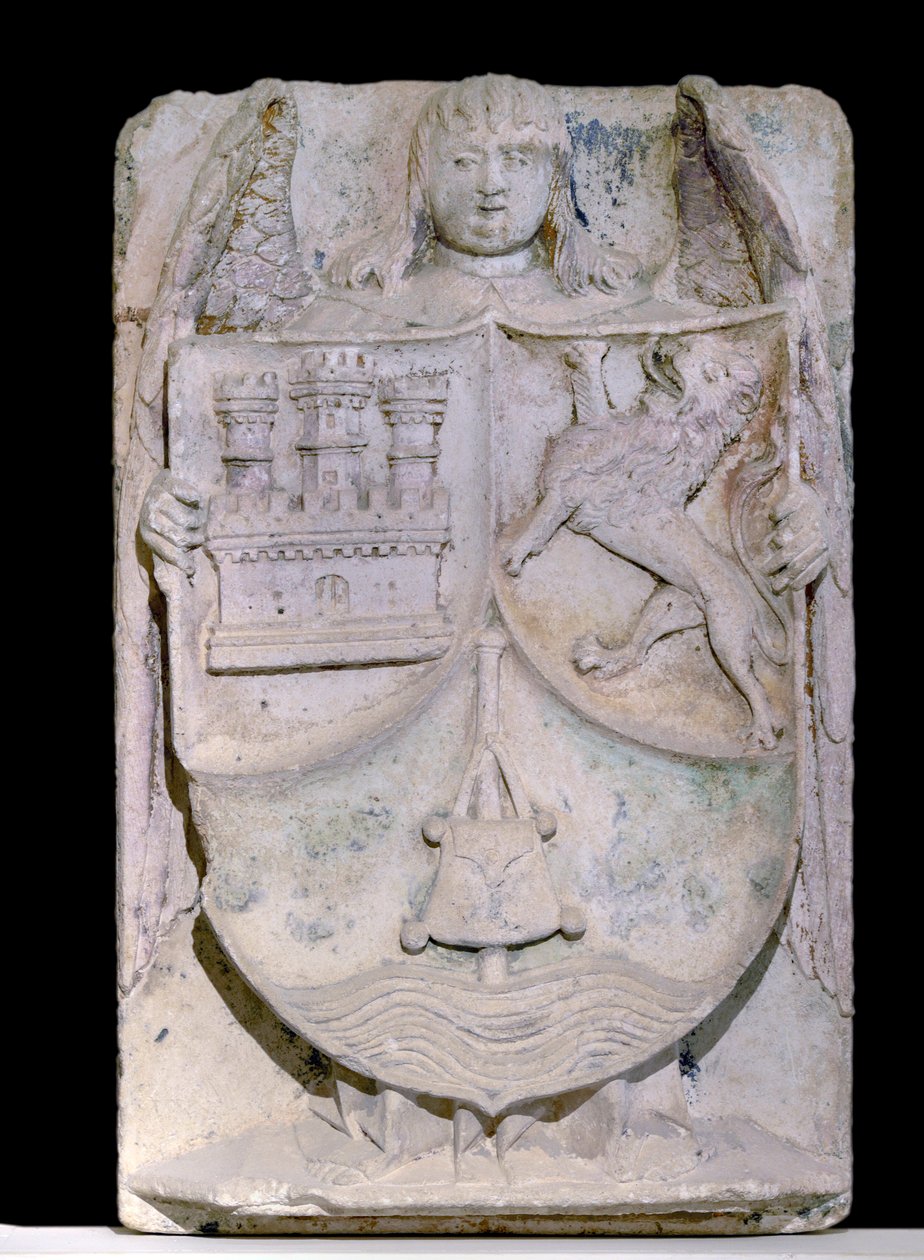 Piso espanhol do século XIV: brasão de Castela e Leão, o bastão de pelerin evoque São Jacques de Compostela, conservado na abadia cisterciense de Fontenay, Borgonha (Brasão de Castela e Leão, Espanha) de Spanish School