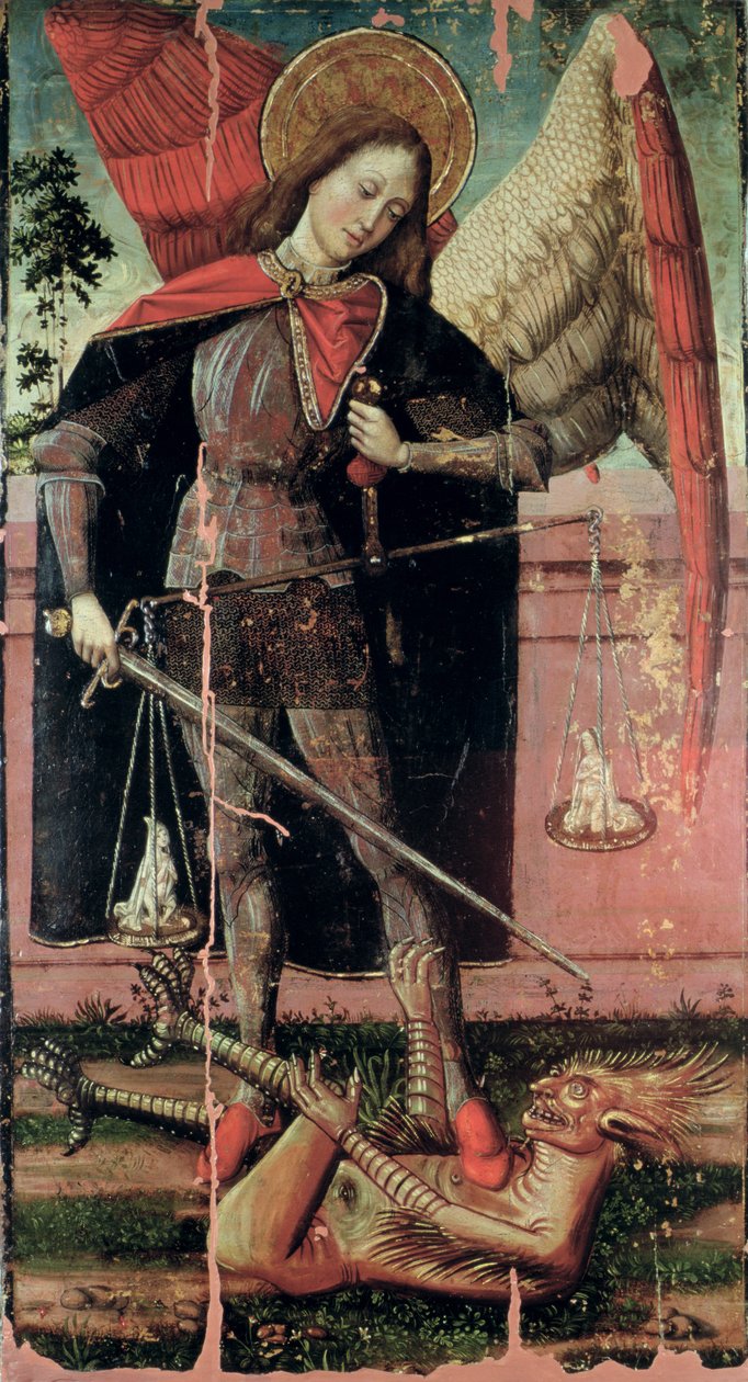 St. Michael Weighing Souls (tempera no painel) de Spanish School