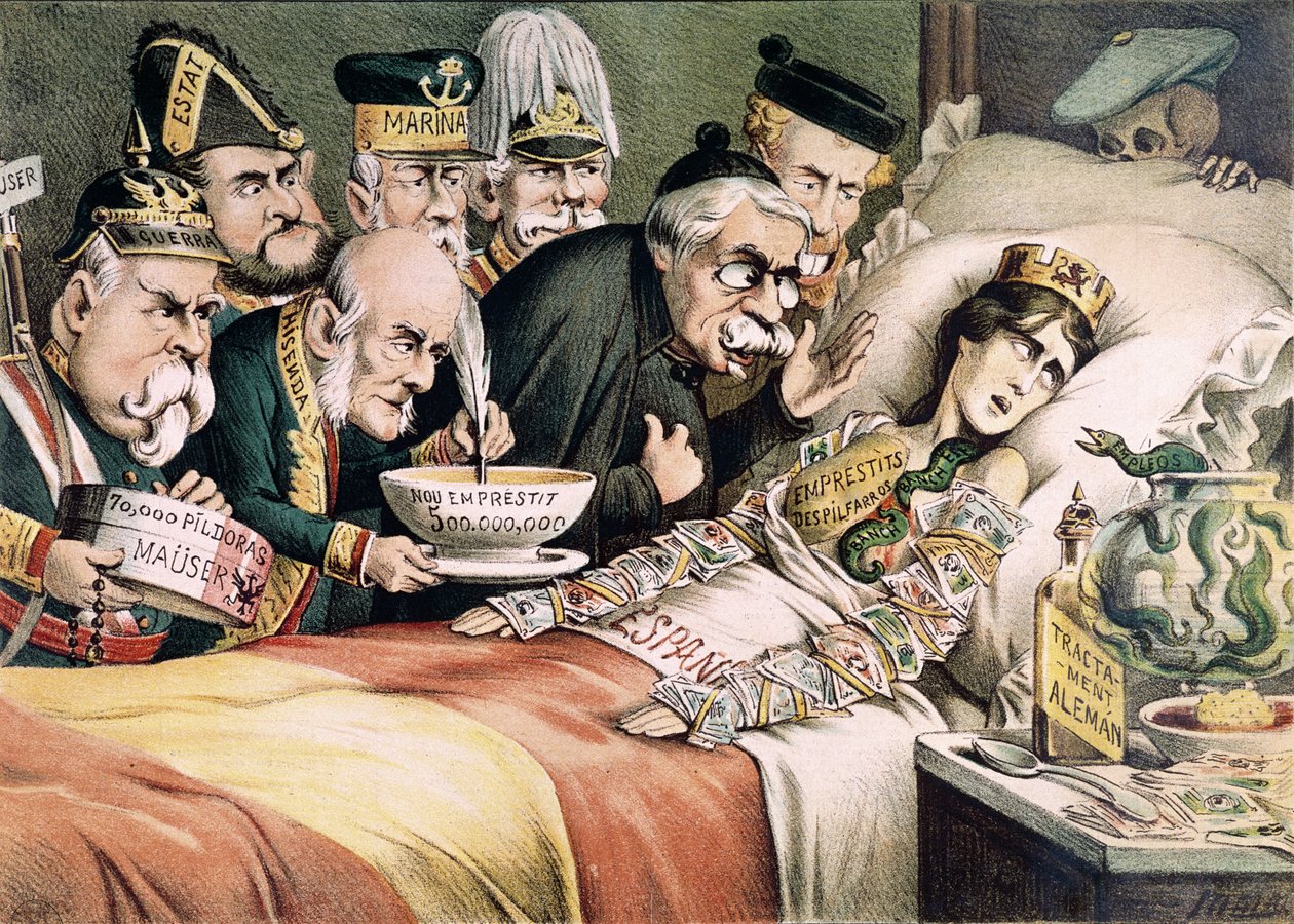A agonia de um mártir, caricatura relativa a uma crise econômica espanhola, 1892 de Spanish School