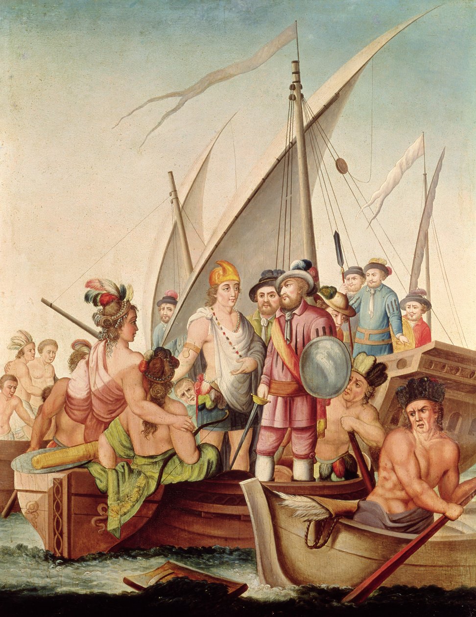 A chegada de Hernando Cortes (1485-1547) no México de Spanish School