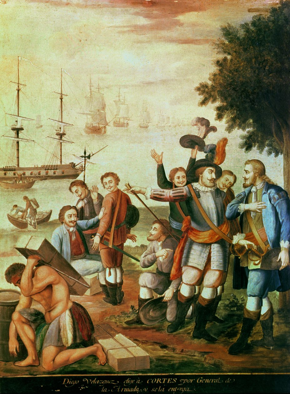 A Conquista do México: Diego Velasquez de Cuellar (1465-1524) Escolhe Hernando Cortes (1485-1547) como General da Armada e dá-lhe o Comando (óleo sobre tela) de Spanish School