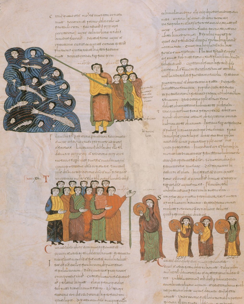 A Travessia do Mar Vermelho e a Dança das mulheres hebréias ao som dos pandeiros de Moisés e seus acompanhantes, da Bíblia visigodo-moçárabe de Santo Isidor, fol.39., 960 dC de Spanish School