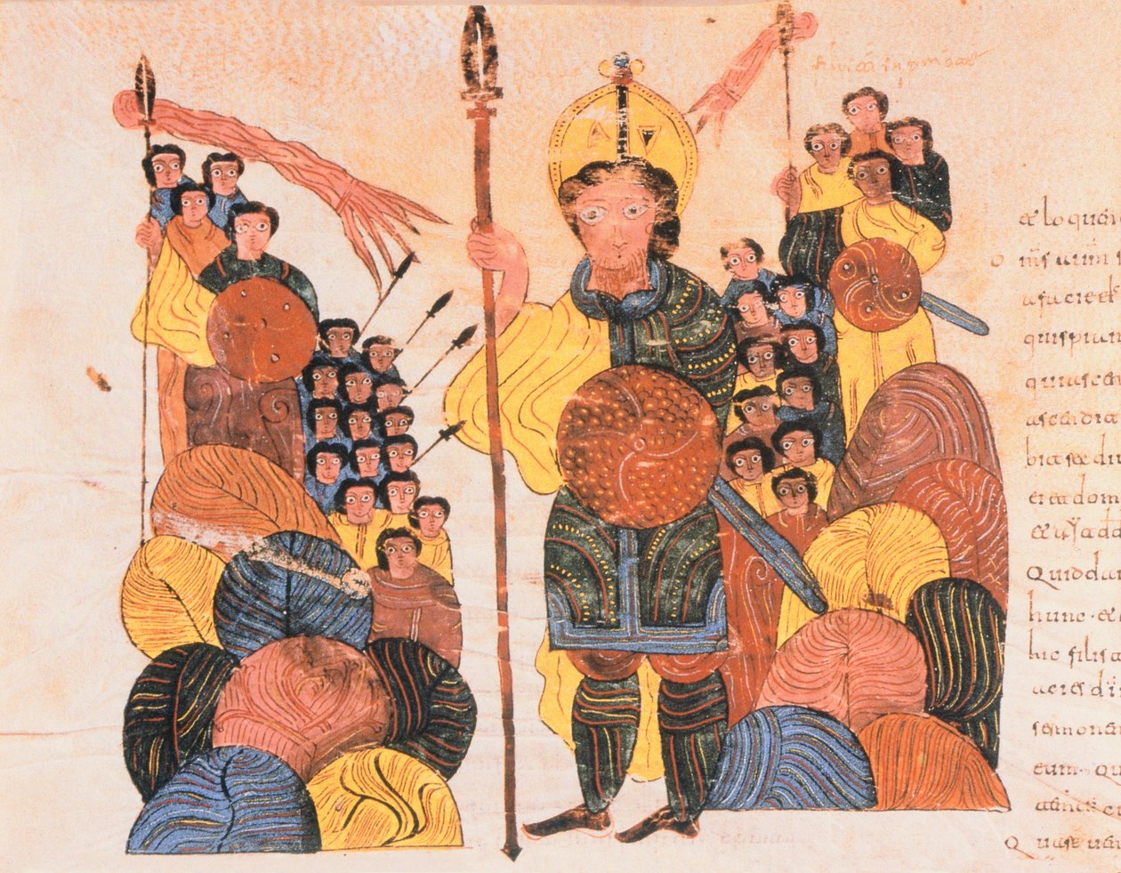 A derrota de Golias, da Bíblia visigodo-moçárabe de Santo Isidor, fol.118v., AD 960 (têmpera sobre velino) de Spanish School