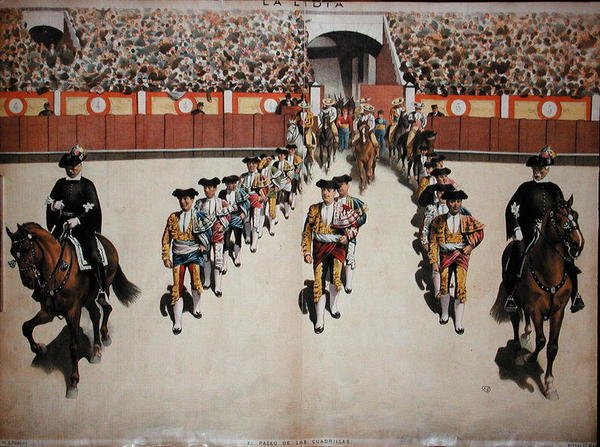 A Entrada dos Toreadores com seu Quadrilátero na Arena, c.1885 (cor litho) de Spanish School