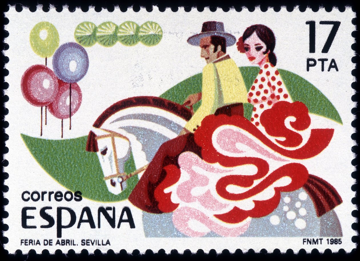 A Feria de Sevilha: casal em traje popular a cavalo - selo espanhol de Spanish School