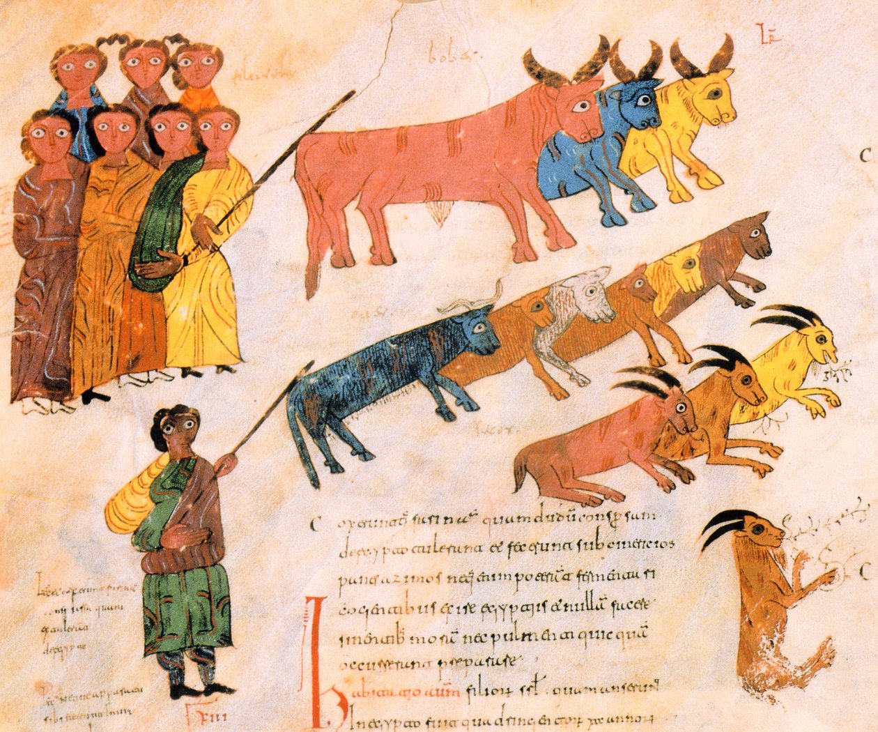O povo hebreu sai do Egito com seus rebanhos, da Bíblia visigodo-moçárabe de Santo Isidor, fol.38v., AD 960 (têmpera sobre velino) de Spanish School