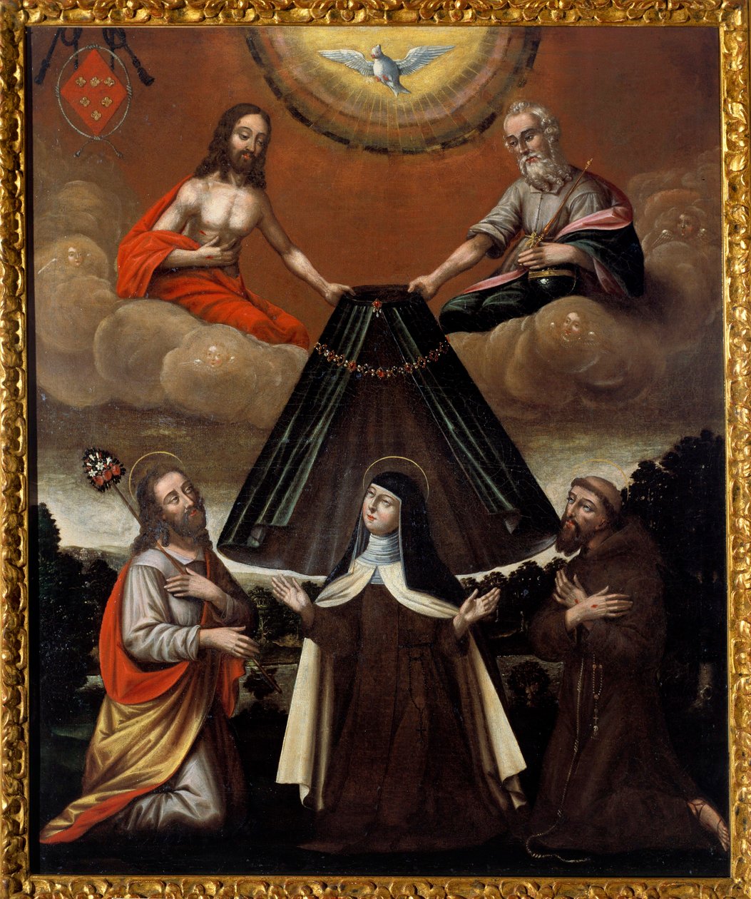 A Santíssima Trindade que segura o manto de Santa Teresa de Ávila Também chamada Teresa de Jesus, reformadora do Carmelo (falecida em 1582). Pintura da Escola Espanhola. Século XVII. Saint Denis, Museu de Arte e História. de Spanish School