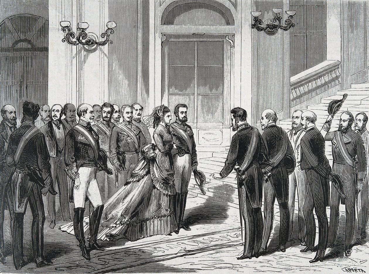 O Rei de Espanha Amedee I (Amedeo Ferdinando Maria di Savoia) (1845-1890) e sua esposa Rainha Maria Victory dal Pozzo della Cisterna (1847-1876) na sua chegada ao Palácio Real de Madrid em 19/03/1871. Gravura de "La Ilustracion Española y América de Spanish School
