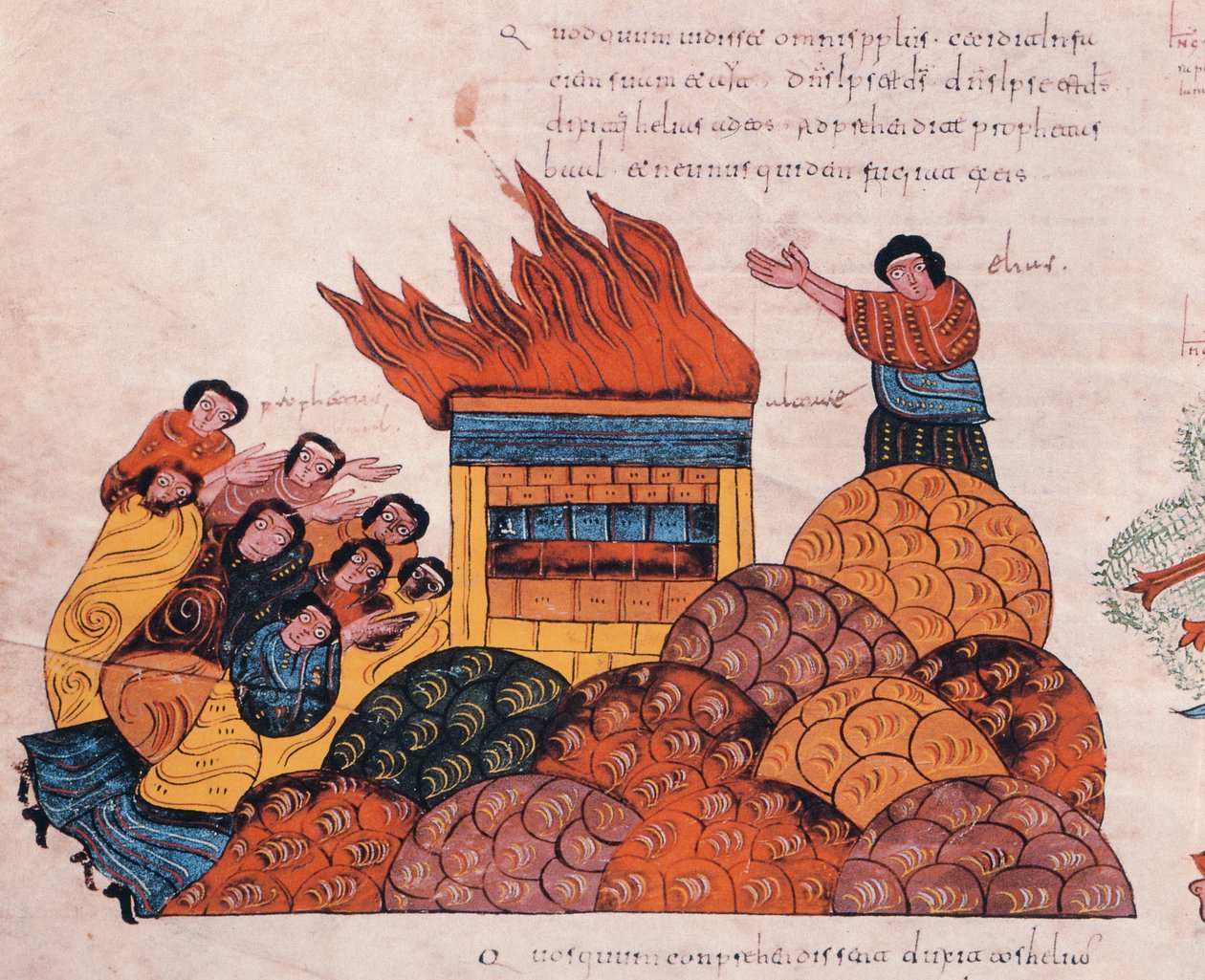 O Profeta Elias reza no Monte Carmelo para que o Deus de Israel seja vindicado perante os sacerdotes de Baal e que o fogo caia do céu (I Reis 18), fol.145v., Da Bíblia Visigodo-moçárabe de São de Spanish School