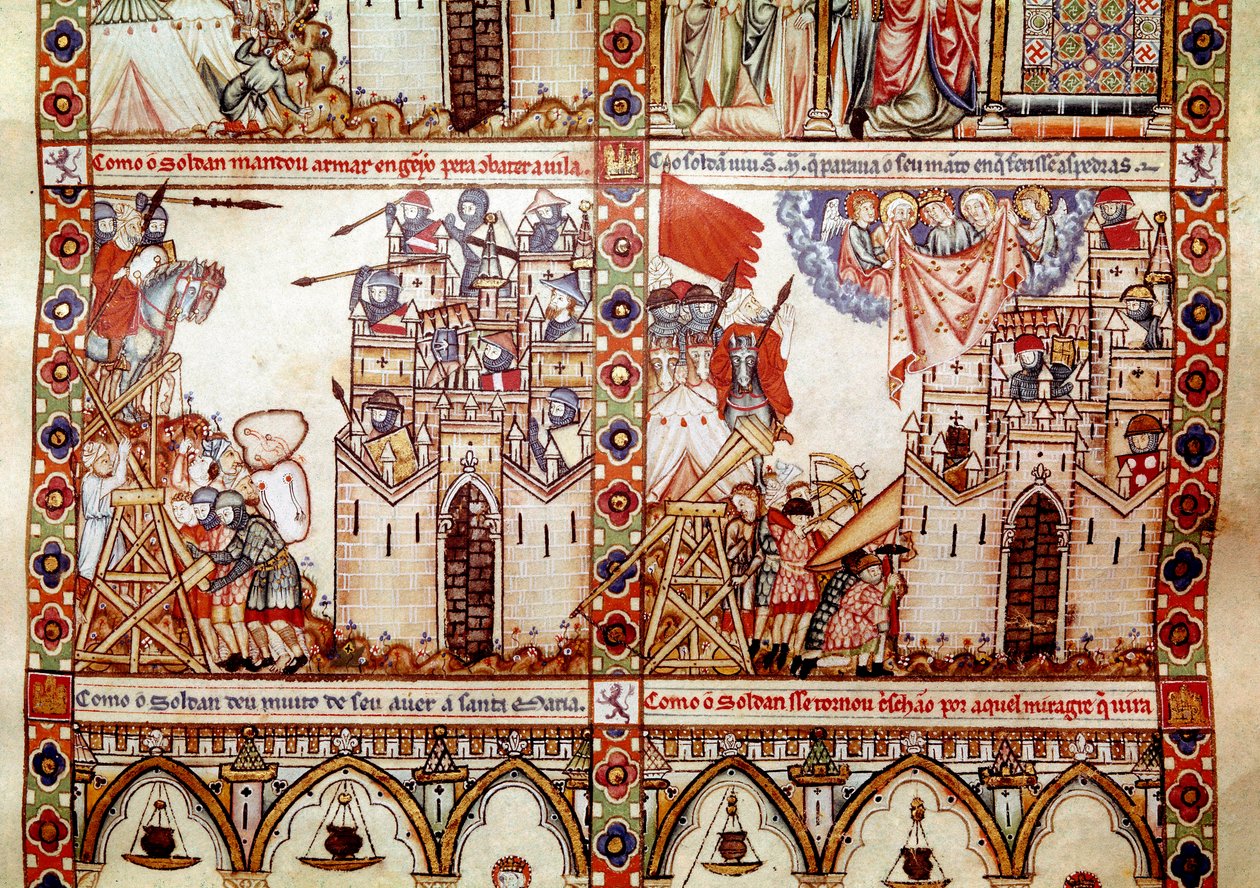 Os sarracenos sitiaram uma cidade cristã Detalhe de uma página tirado de um manuscrito do Cântico de Santa Maria, decorando miniaturas dedicadas a Santa Maria e seus milagres, uma coleção de canções redigidas sob o regimento de Alfons de Spanish School