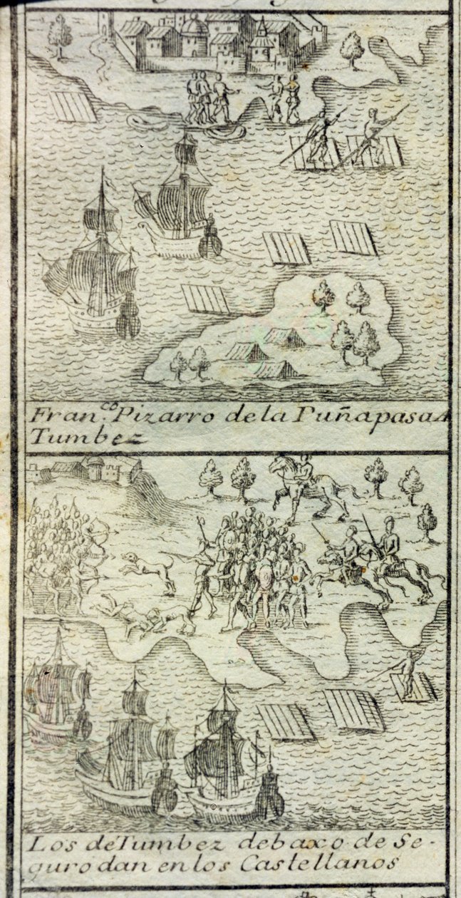 A chegada de Francisco Pizarro com 180 homens e três navios a Tumbes de Spanish School