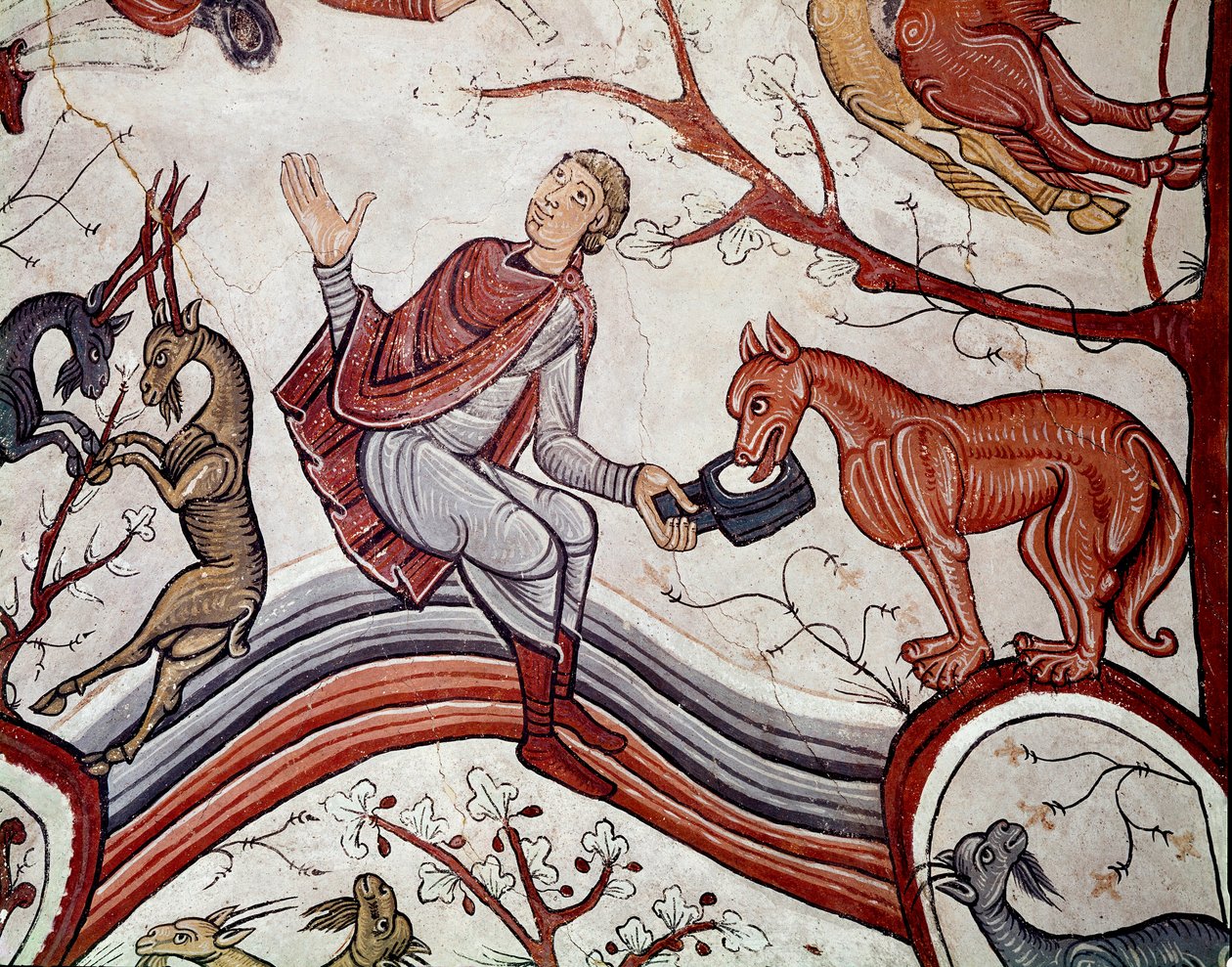 O ciclo de meses: o anúncio aos pastores. Pormenor de um fresco do século XII do Panteão Real da Real Colegiata de San Isidoro (Real Collegiale de Saint Isidore). Leão. Espanha de Spanish School