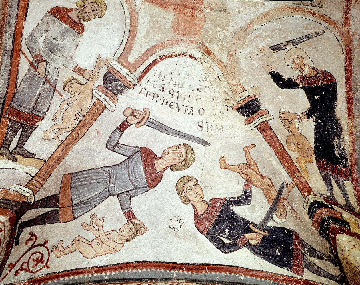 O ciclo de meses: o massacre dos inocentes. Pormenor de um fresco do século XII do Panteão Real da Real Colegiata de San Isidoro (Real Collegiale de Saint Isidore). Leão. Espanha de Spanish School
