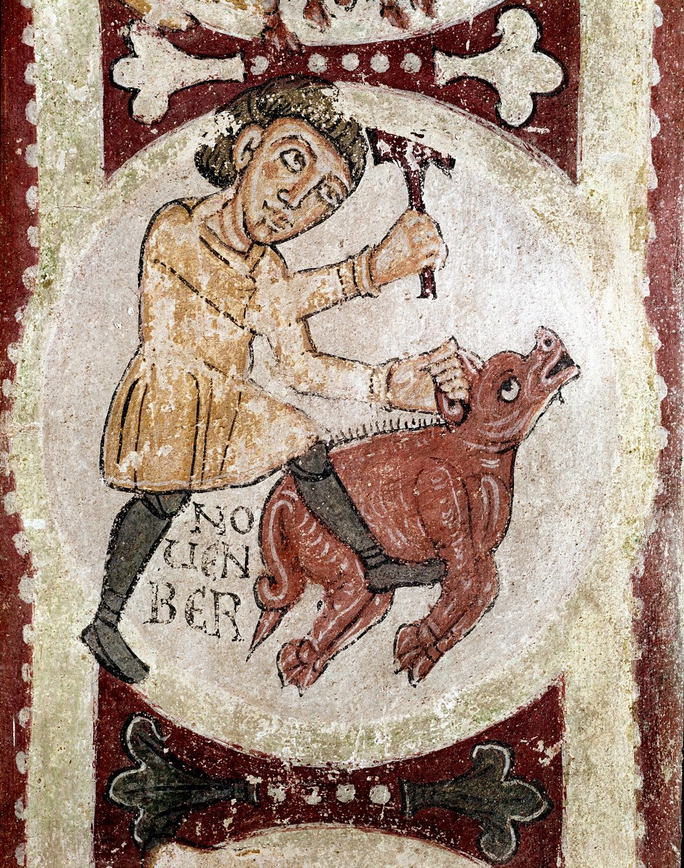 O ciclo dos meses: Novembro (porco abatido). Pormenor de um fresco do século XII do Panteão Real da Real Colegiata de San Isidoro (Real Collegiale de Saint Isidore). Leão. Espanha de Spanish School