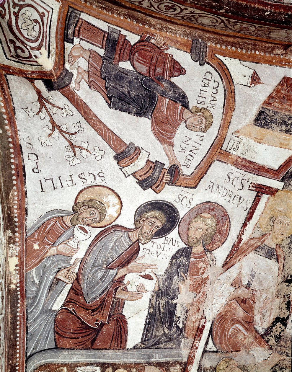 O ciclo dos meses: um servo oferece uma bebida aos apóstolos (Santo André, São Bartolomeu e São Filipe). Detalhe de um afresco do século XII do Panteão Real da Real Colegiata de San Isidoro (Real Collegiale de Saint Isidore). Leão. Spai de Spanish School