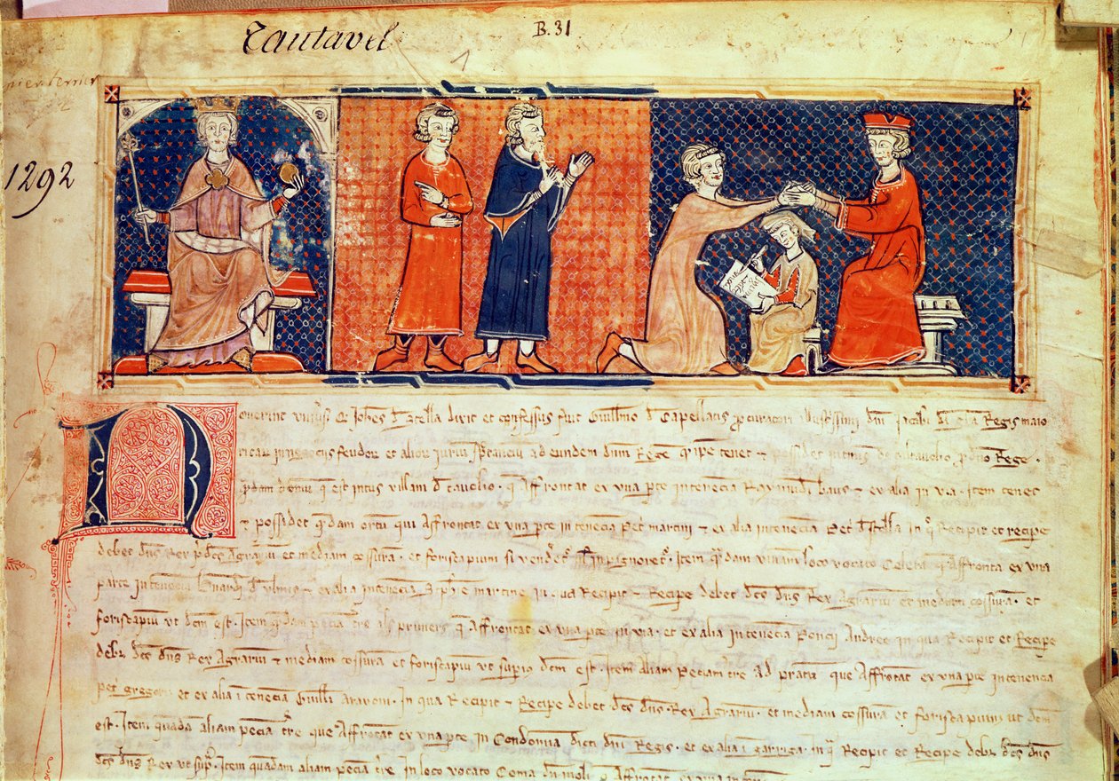O senhor feudal pregando seu sermão diante do rei de Maiorca, Jaime I (1207-76), de Capbreu de Clayra e de Millas, 1292 de Spanish School