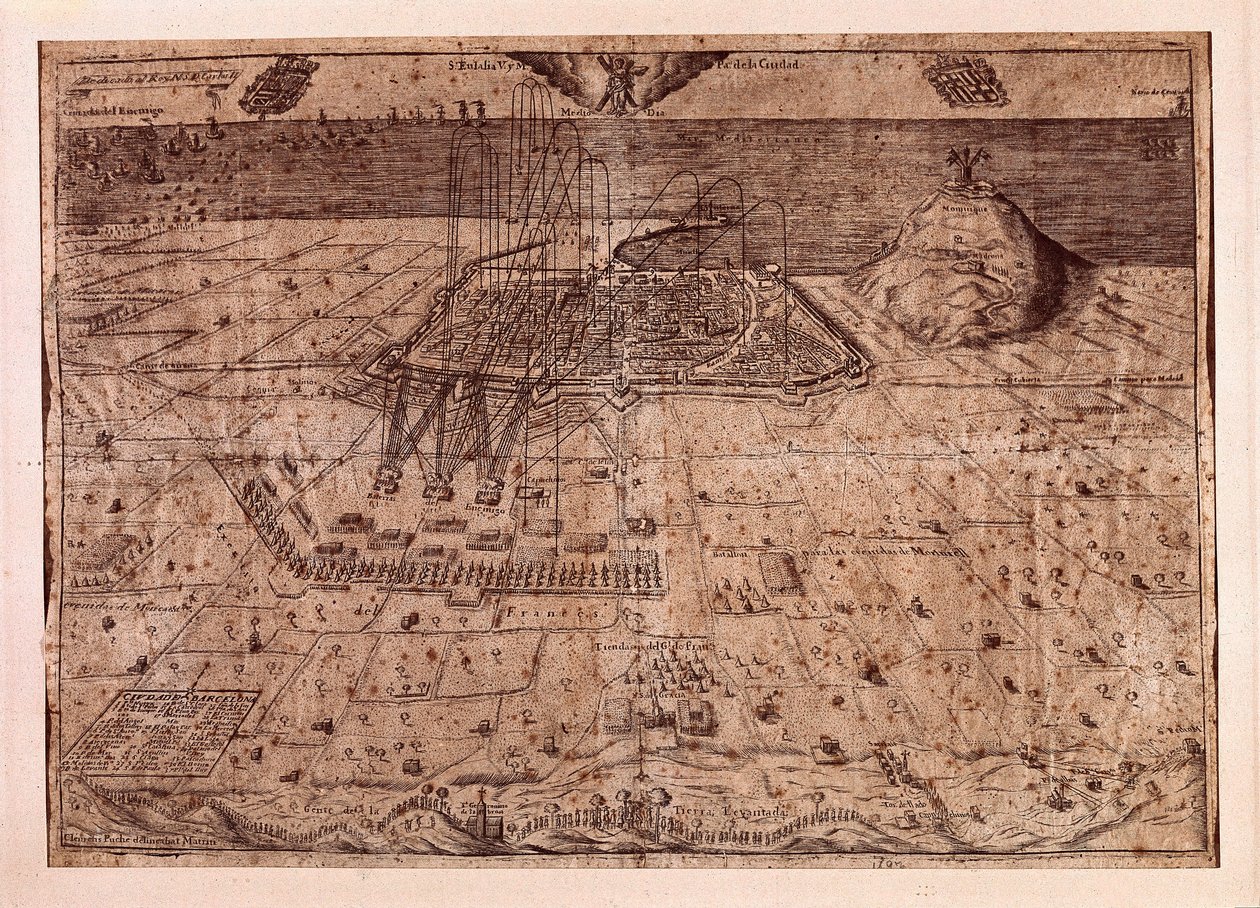 O levantamento da Catalunha ou a guerra dos colhedores (1640-1659), o quartel-general de Barcelona por mar e terra pelas tropas de Filipe IV de Espanha (1605-1665). Gravura de 1652. Museu de História da Cidade, Barcelona. de Spanish School