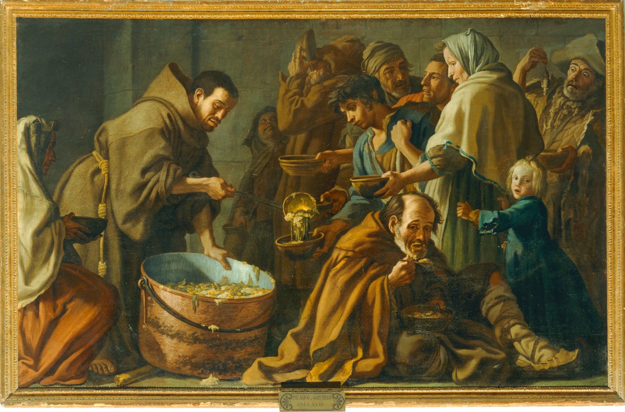 O milagre de São Didaco de Alcalá. Surpreendido durante uma refeição proibida aos pobres, o pão que tinha na ... de Spanish School