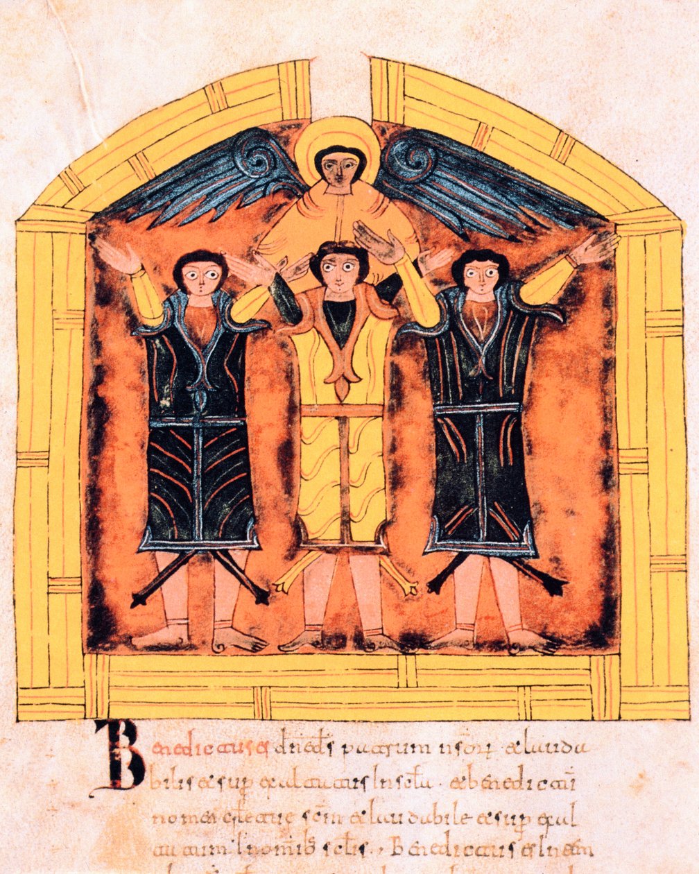 Os três hebreus, Shadrach, Meshach e Abed-nego lançados na fornalha por Nabucodonosor, fol.318v, da Bíblia Visigótica-Mozarábica de São Isidoro, 960 d.C. (tempera on vellum) de Spanish School