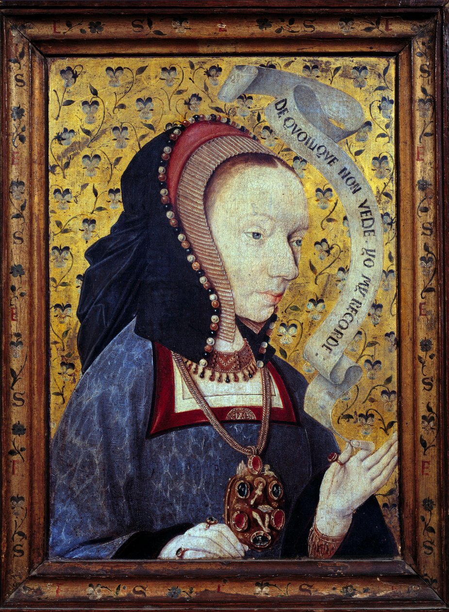 Senhora do pensamento. As palavras dele estão escritas numa faixa de cabeça: "De Quilque Non Vede". Yo My Recorde" (Daqueles que eu nunca vi, eu me lembro). Pense na memória e no reconhecimento. Pintura em madeira da escola espanhola. Sol do fim do século  de Spanish School