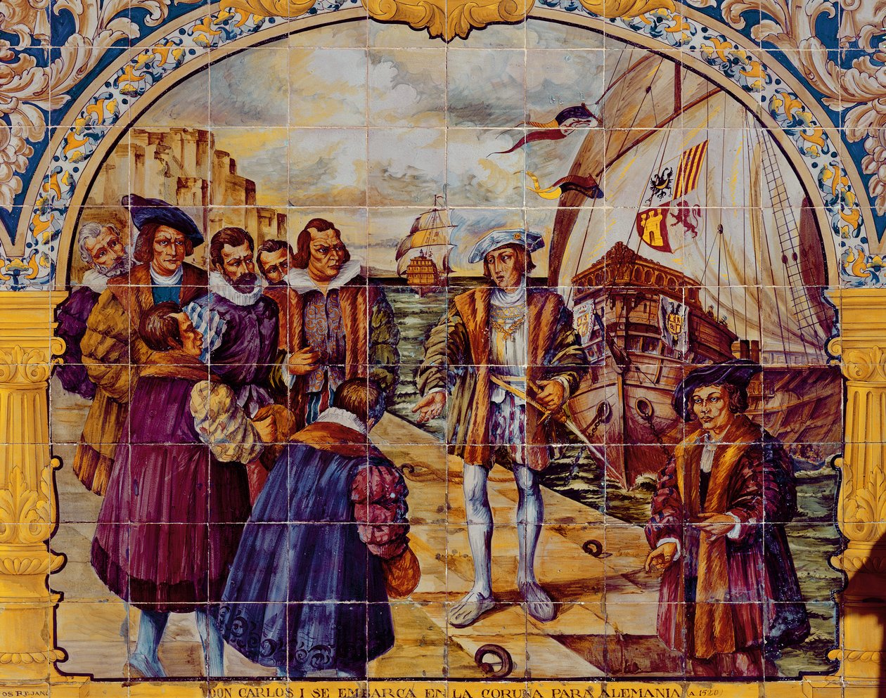 Telhas representando o rei Carlos I da Espanha se preparando para embarcar em 1520 a partir do porto de La Coruña para aceitar sua eleição como Imperador do Sacro Império Romano (cerâmica) de Spanish School