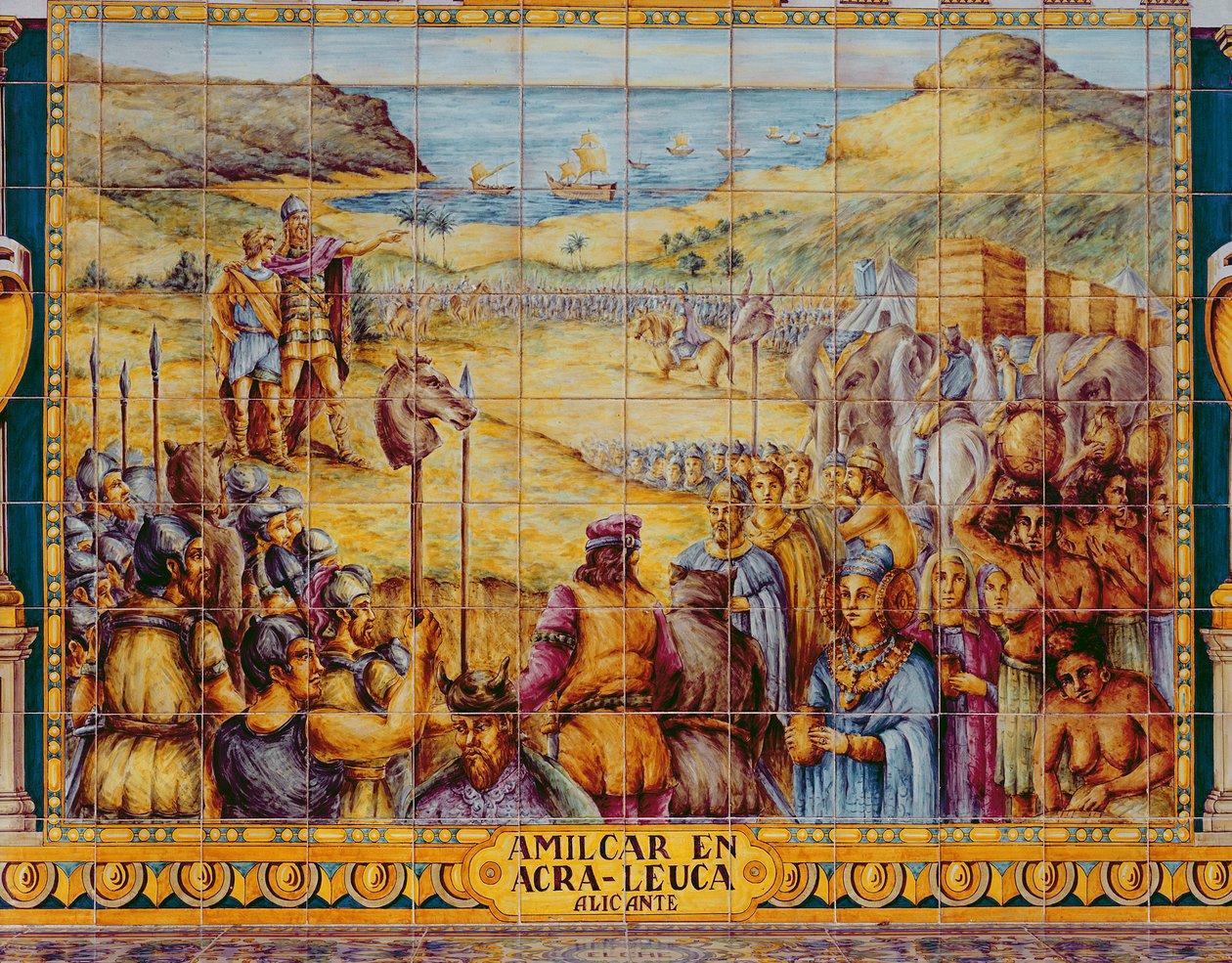 Telhas representando o desembarque de Hamilcar e seu filho Hannibal em Akra Leuce durante a Primeira Guerra Púnica (264-241 aC) (cerâmica) de Spanish School