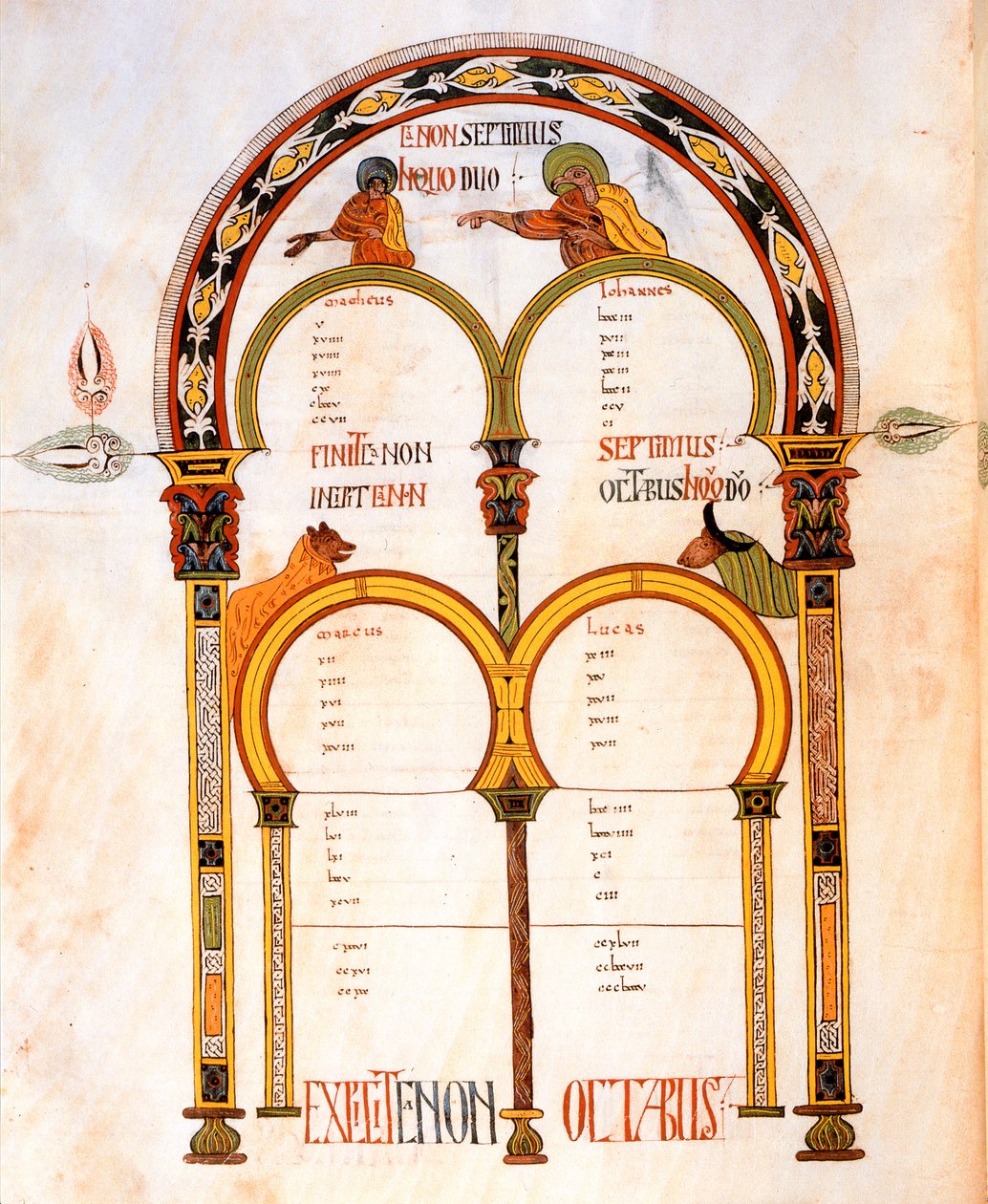 Página de rosto dos Evangelhos de Mateus, Marcos, Lucas e João, da Bíblia Visigodo-Moçárabe de Santo Isidor, fol.402v., DC 960 (tempera sobre velino) de Spanish School