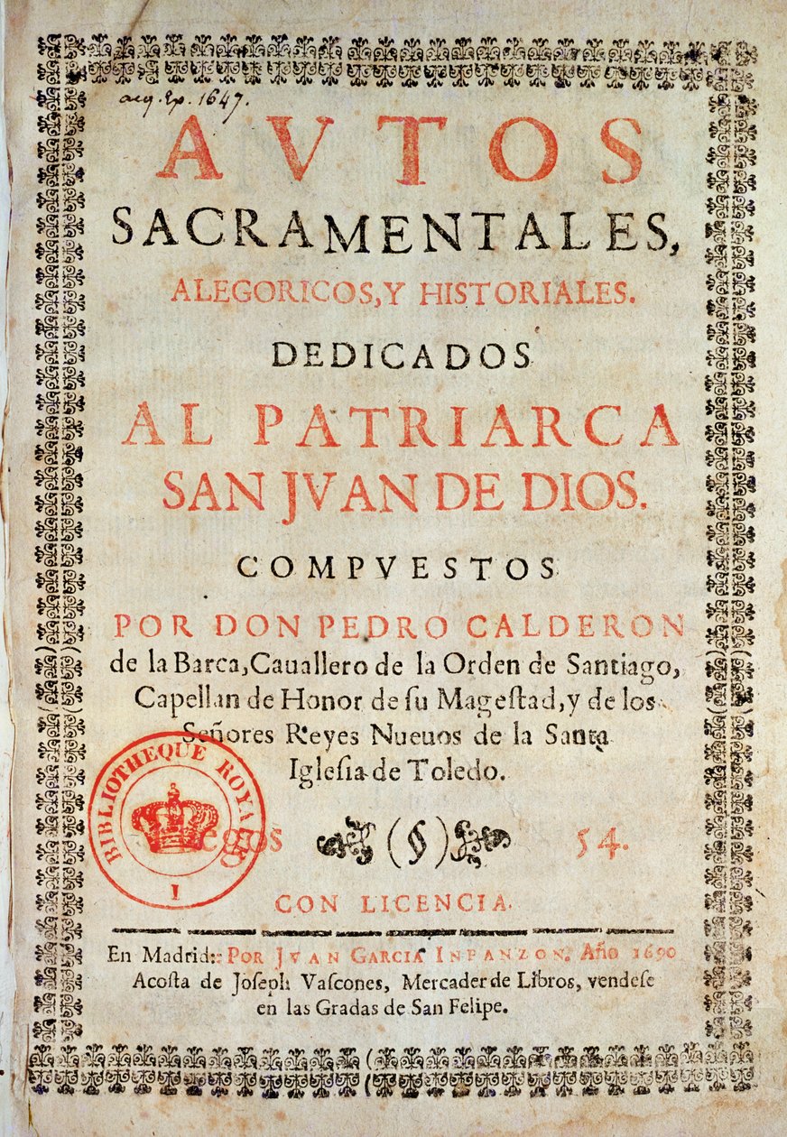 Página de título de Los Autos Sacramentales por Pedro Calderón de la Barca (1600-81) editada por Juan Garcia Infanzon, 1690 (impresso) de Spanish School