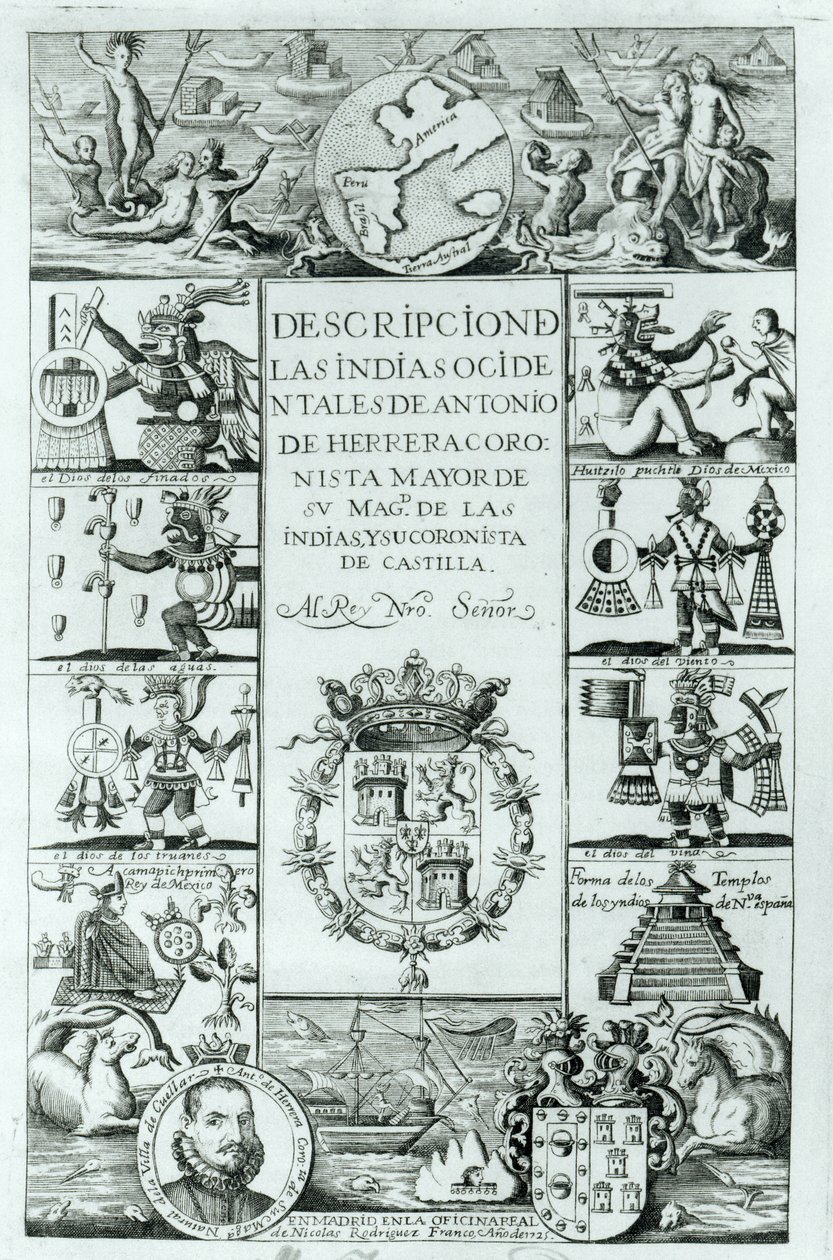 Página de rosto de Descrição das Índias Ocidentais por Antonio de Herrera y Tordesillas, edição de Madri, 1725 de Spanish School