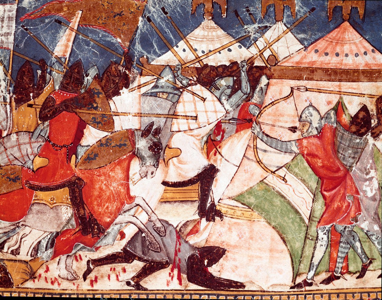 Guerra de Tróia: os troianos invadem o campo militar dos guerreiros gregos. Detalhe de uma miniatura do manuscrito espanhol "Codex Benito de Santa Mora". de Spanish School