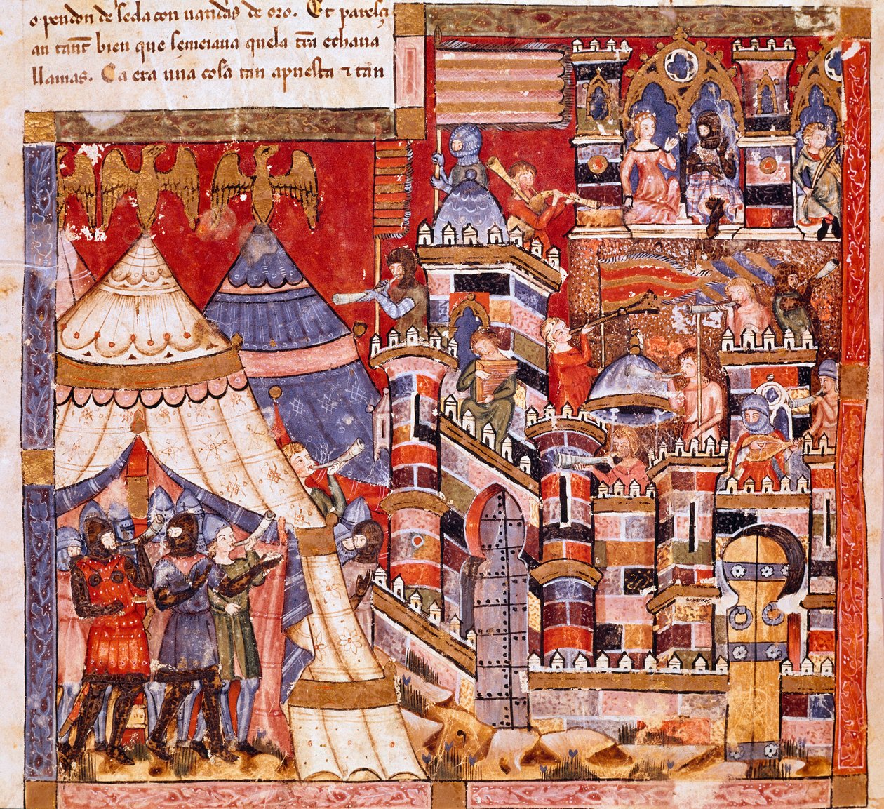 Guerra de Tróia: a cidade de Tróia e o acampamento grego. Detalhe de uma miniatura do manuscrito espanhol "Codex Benito de Santa Mora". de Spanish School