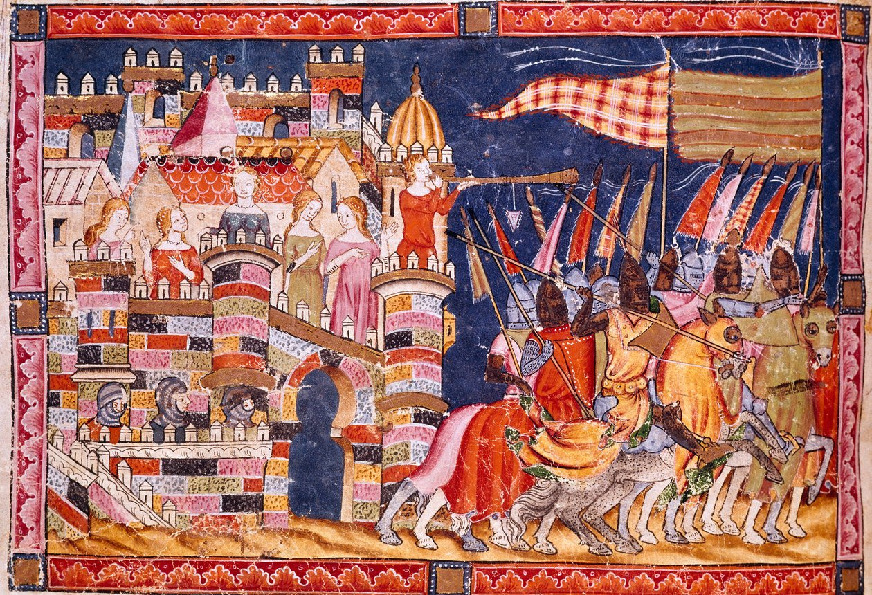 Guerra de Tróia: a cidade de Tróia e o exército troiano partindo para a batalha. Detalhe de uma miniatura do manuscrito espanhol "Codex Benito de Santa Mora". de Spanish School