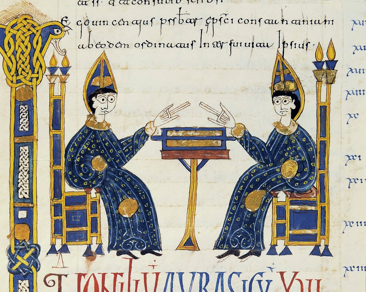 Dois bispos católicos sentados em frente a um manuscrito, miniatura das Glosas Emilianenses, 992-994 (manuscrito iluminado) de Spanish School