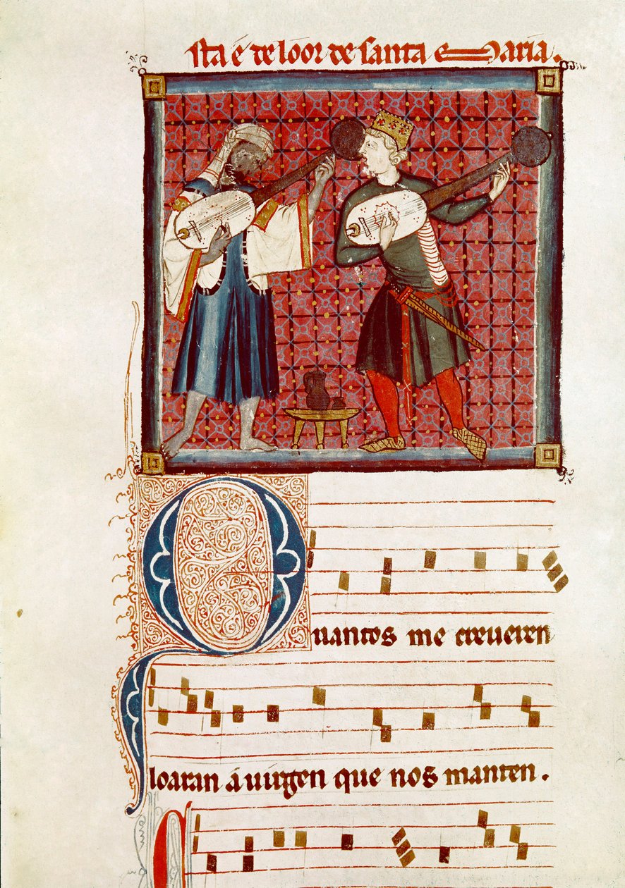 Dois músicos, um mouro e outro espanhol cristão. Detalhe de uma página retirado de um manuscrito da Canção de Santa Maria de Spanish School