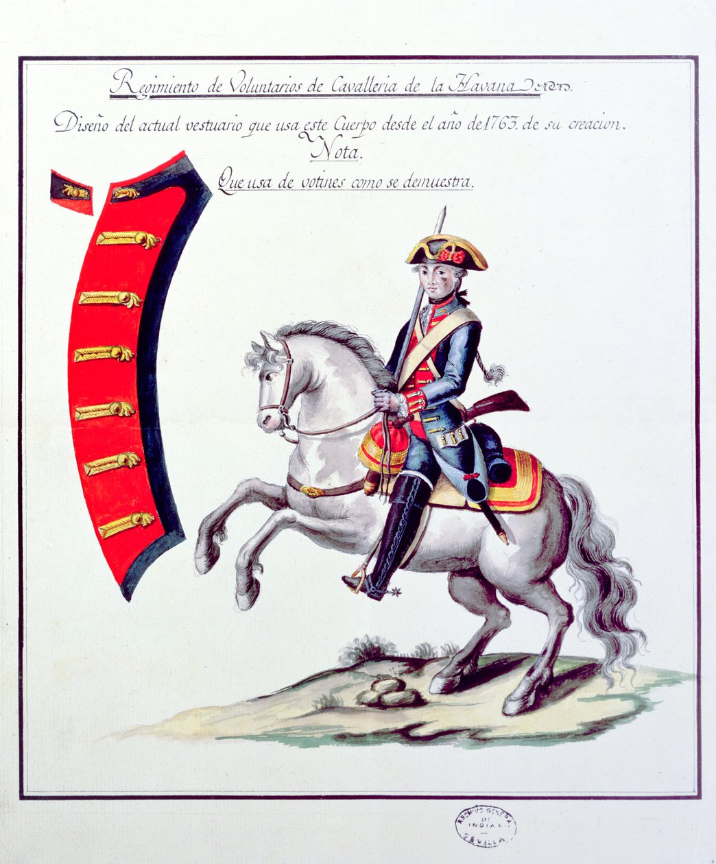 Uniforme dos Voluntários do Regimento de Cavalaria de Havana, 1763 (impressão) de Spanish School