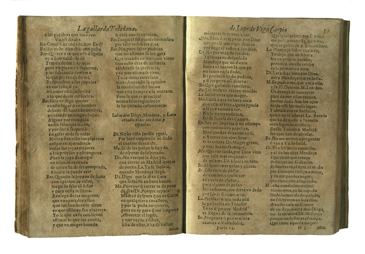 VEGA CARPIO, Felix Lope de (1562-1635). La gallarda toledana", comédia de Lope de Vega incluída na compilação "Parte catorze de las comedias de Lope de Vega", editada em Madrid pela viúva de Fernando Correa Montenegro (1621). Fotografia. ESPANHA. C de Spanish School