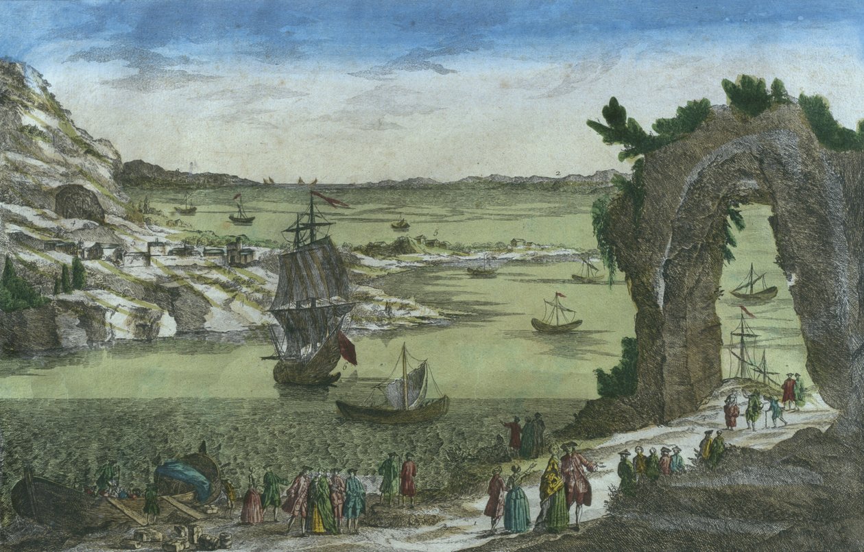 Vista do desembarque francês para estabelecer a nova colônia no porto de New Cayenne, Guiana Francesa, 1762 de Spanish School