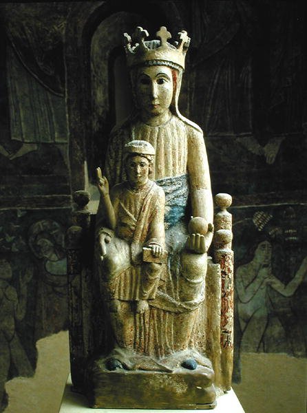 Virgem e Criança, Escola Catalã, c.1200 (pedra policromada) de Spanish School