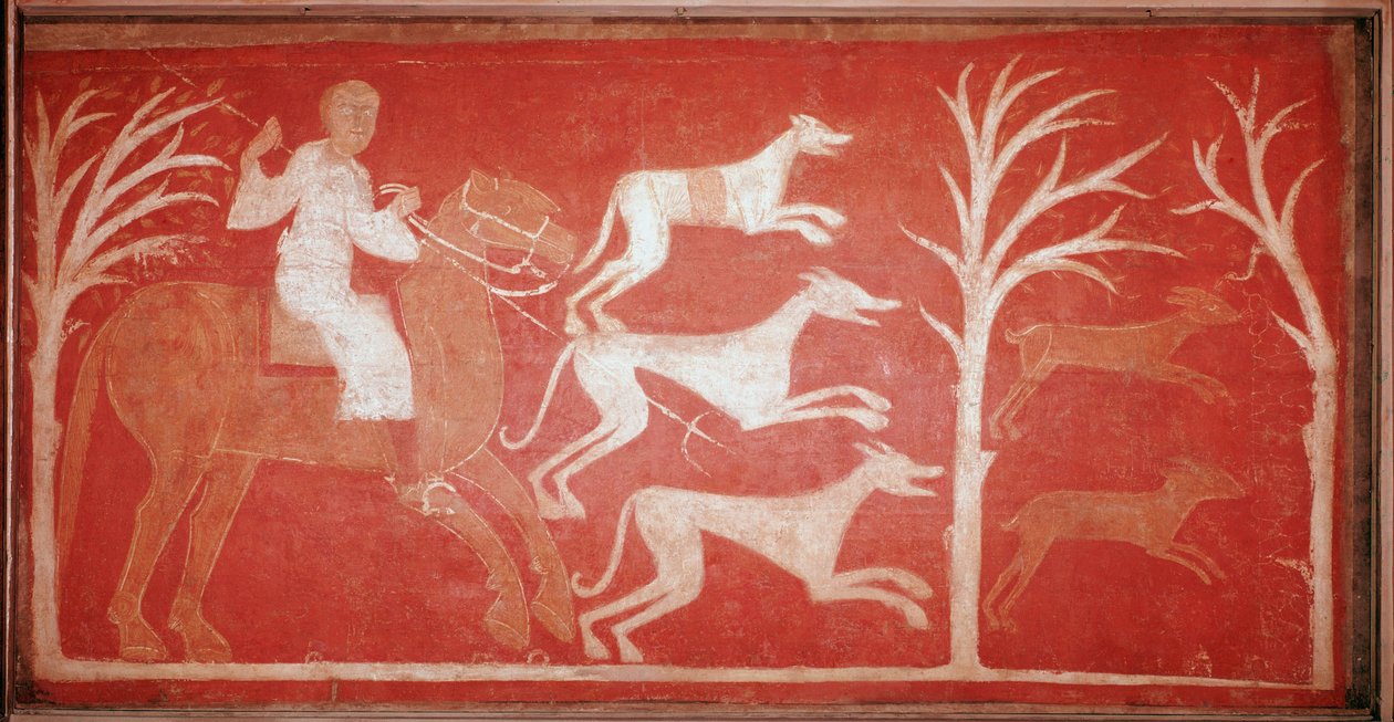 cena de caça que retrata cães correndo atrás da caça. 1150. Fresco da ermida de Baudelio de Berlanga, Soria. Conservar no Museu do Prado. de Spanish School