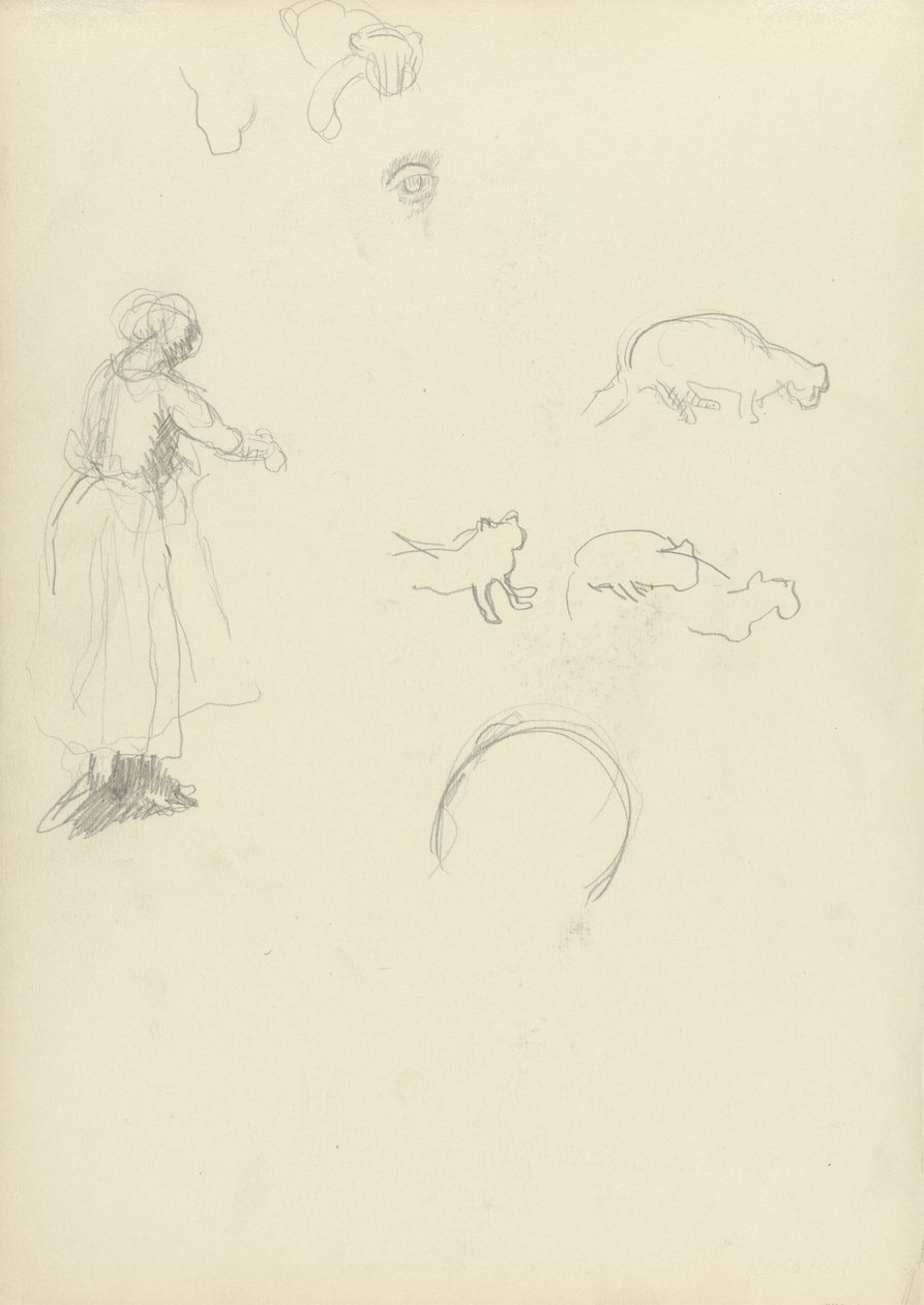 Estudo de uma mulher e gatos, para a caverna do bezerro de ouro (grafite) (ver 265062 para o reto) de Spencer Frederick Gore