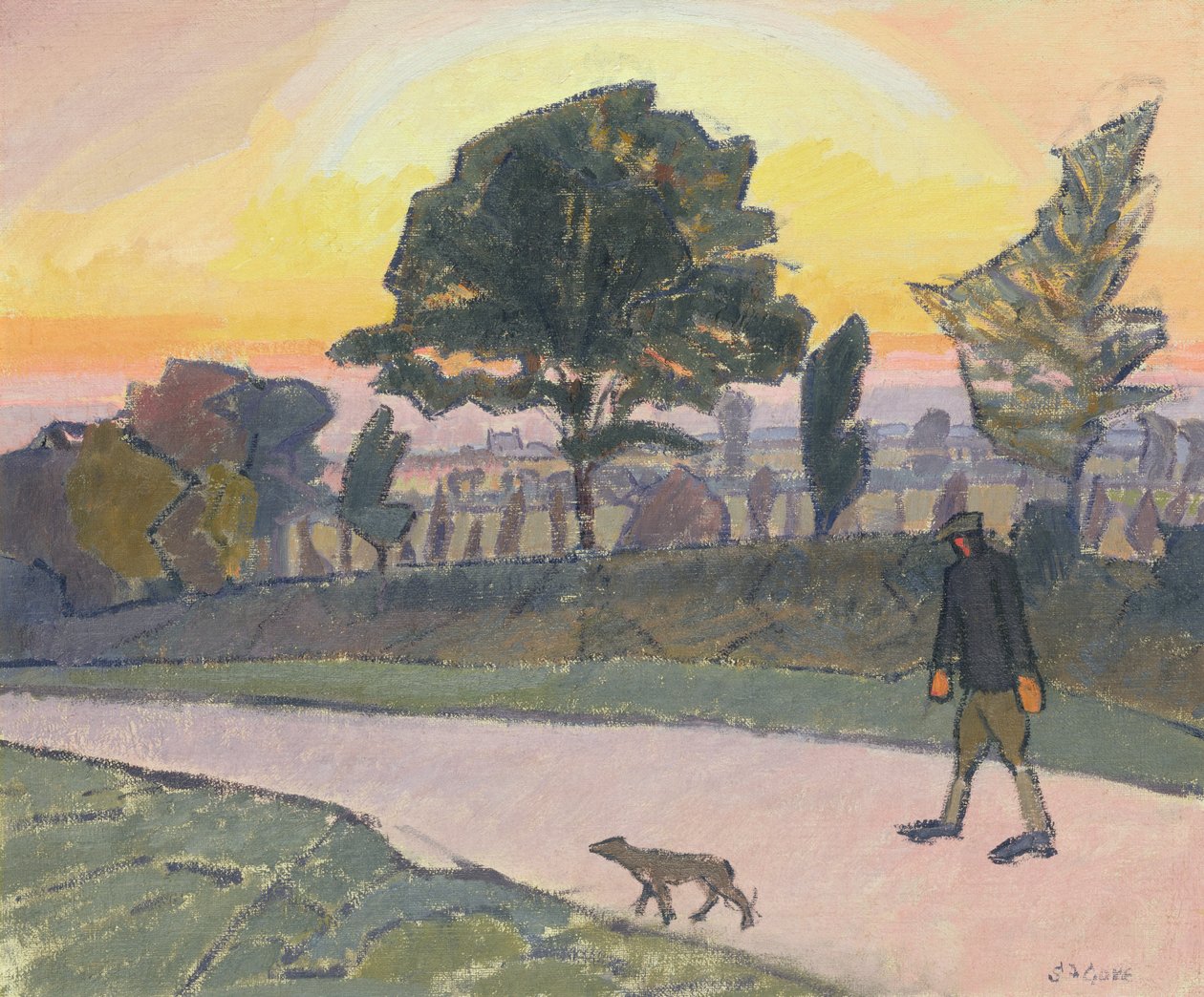 Pôr do sol, Letchworth, com homem e cão, 1912 de Spencer Frederick Gore
