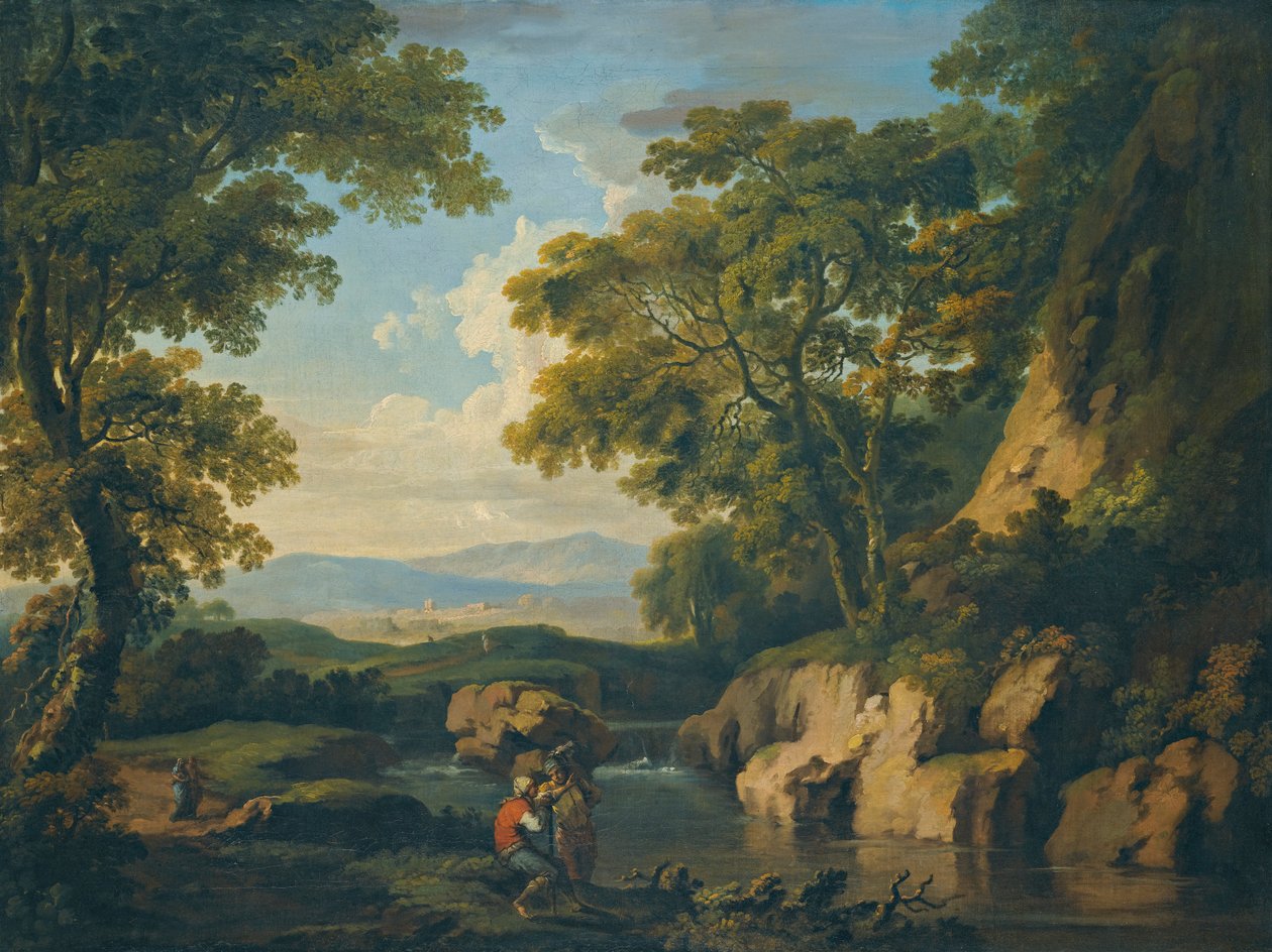 Uma paisagem arborizada montanhosa com figuras de um rio em primeiro plano de George the Elder Barret