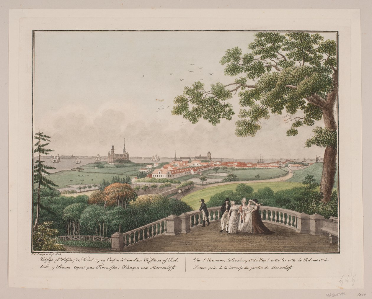 Vista de Helsingør, Kronborg e Øresund entre as costas da Zelândia e da Scania. O sinal no terraço no hange em Marienlyst de Søren L. Lange
