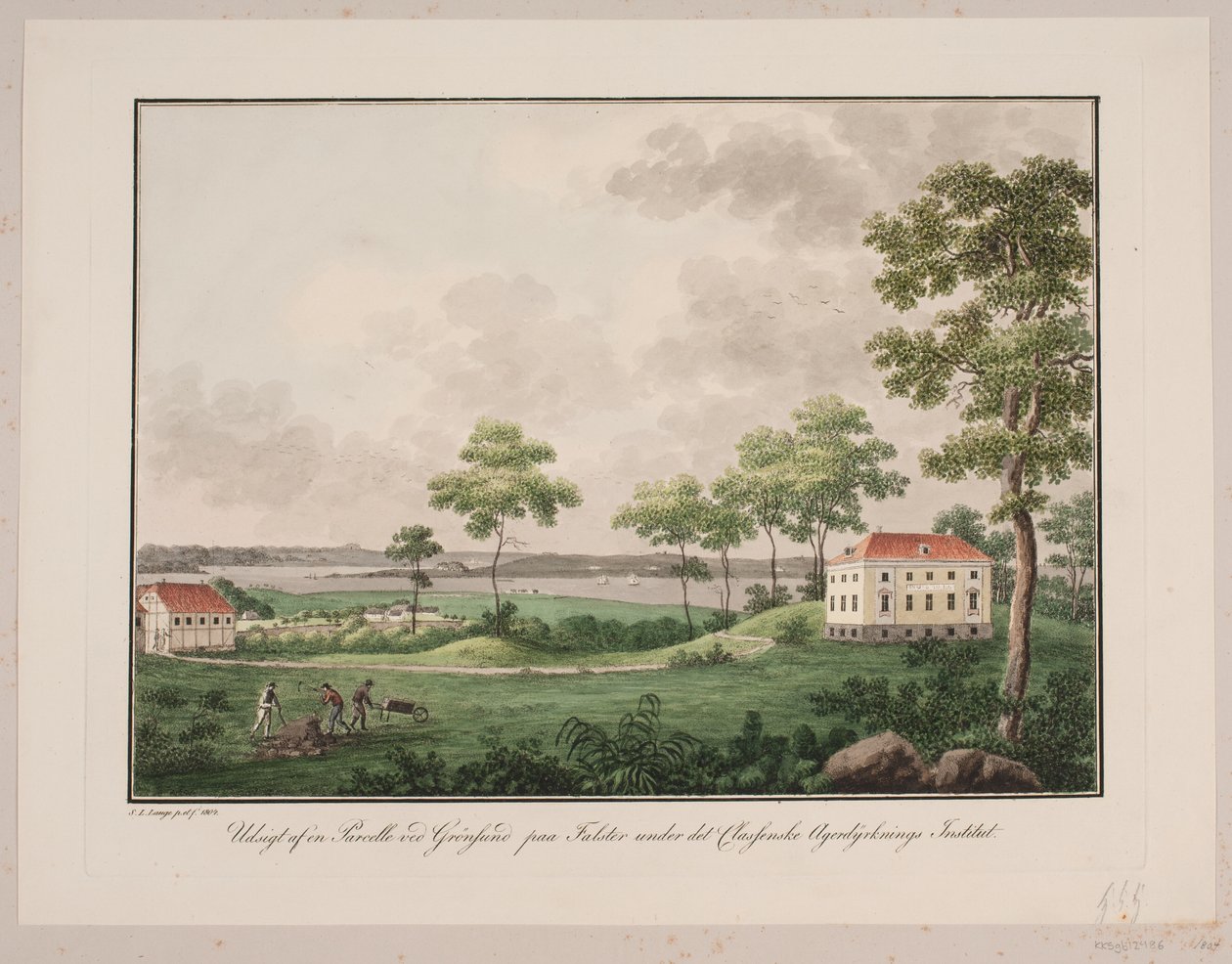 Vista de uma trama por Grønsund em Falster sob o Classensk Agerdyrknings Institute de Søren L. Lange