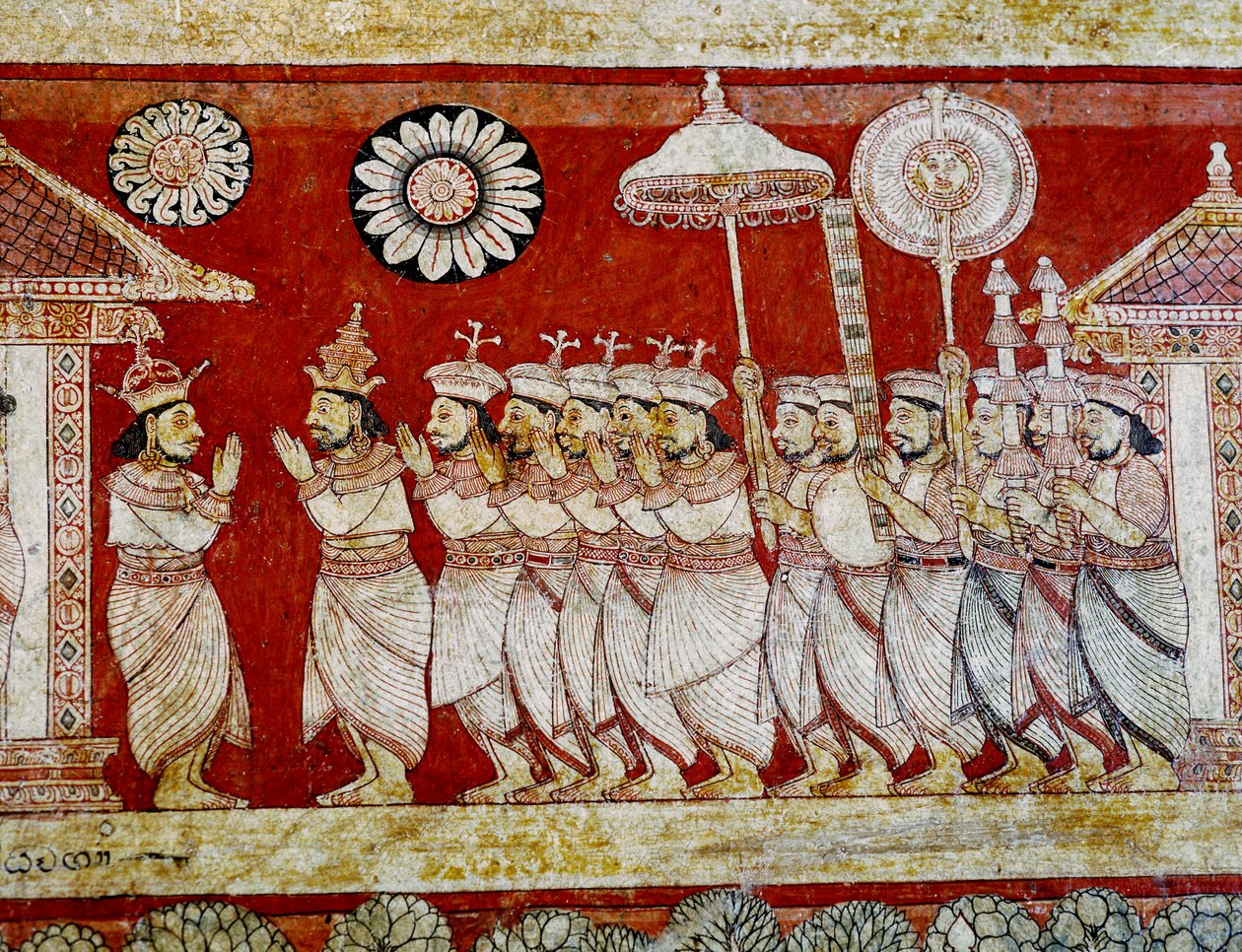 Detalhe da pintura de parede no templo Degaldoruwa Vihraya de Sri Lankan School