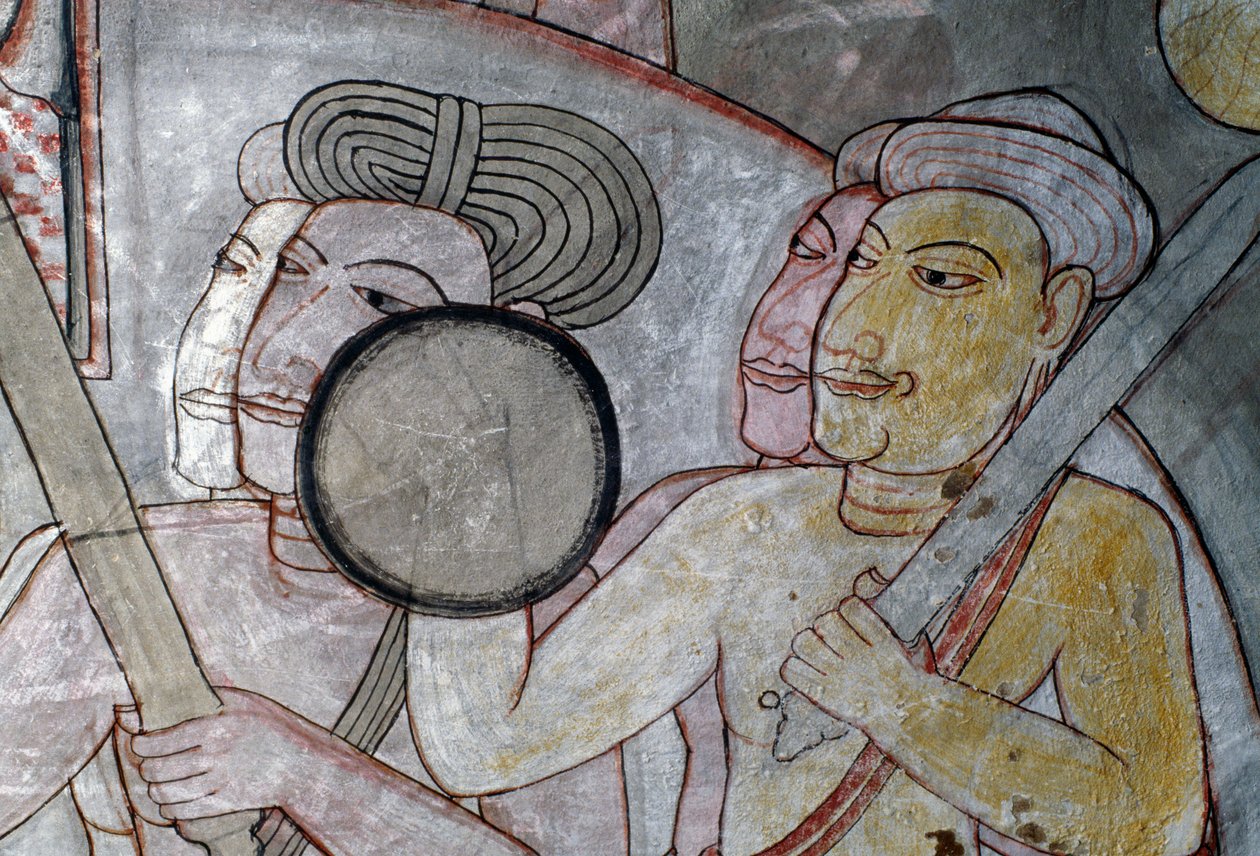 Exército de representação de frescos acompanhando o Rei do Ceilão, Templo Dourado de Dambulla (Património Mundial da Unesco) de Sri Lankan School