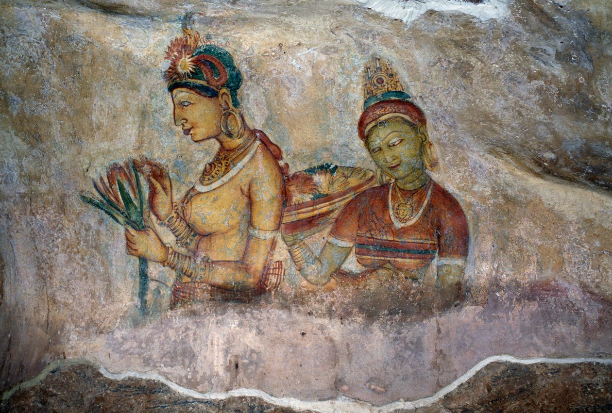 Criadas de Sigiriya, afresco, sítio arqueológico de Sigiriya (Lista do Património Mundial da Unesco de Sri Lankan School